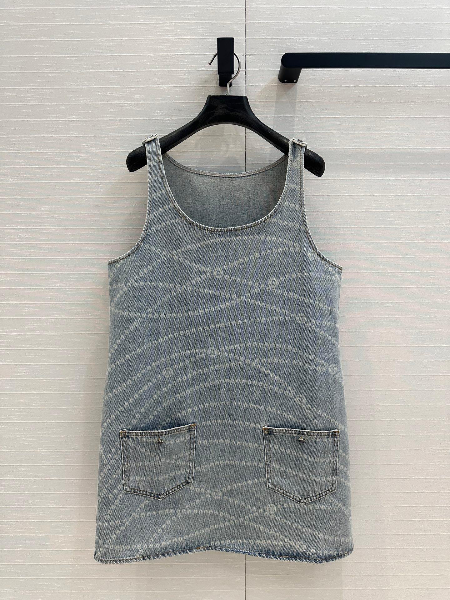 25ss Chain Print Vintage Washed Blue Denim Vest Dress