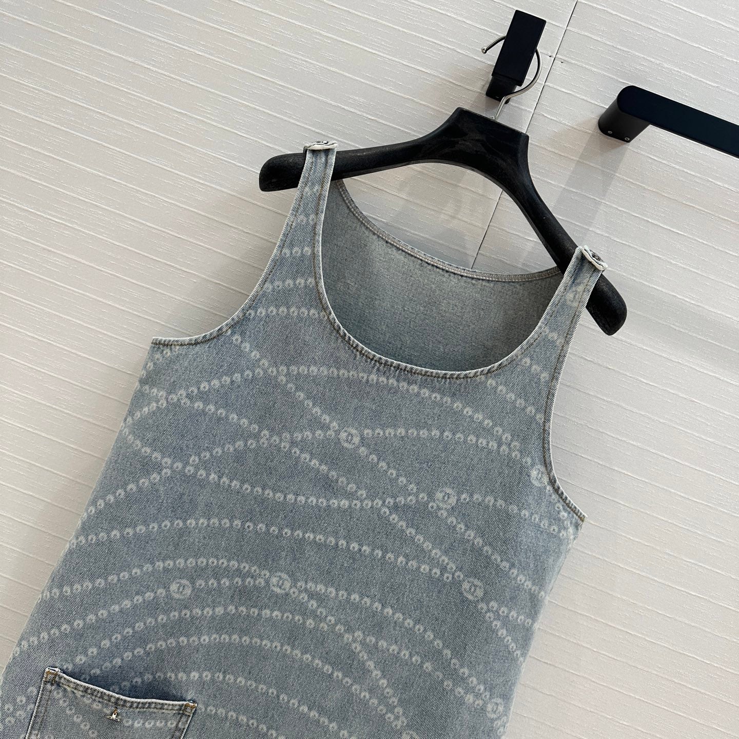 25ss Chain Print Vintage Washed Blue Denim Vest Dress