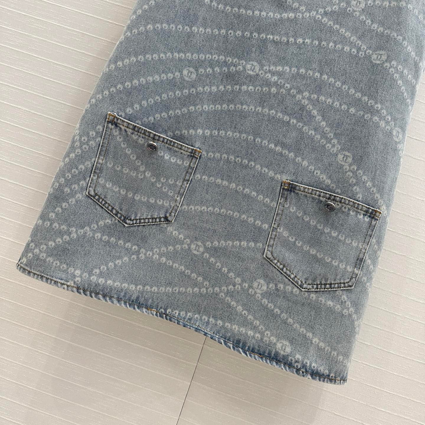 25ss Chain Print Vintage Washed Blue Denim Vest Dress