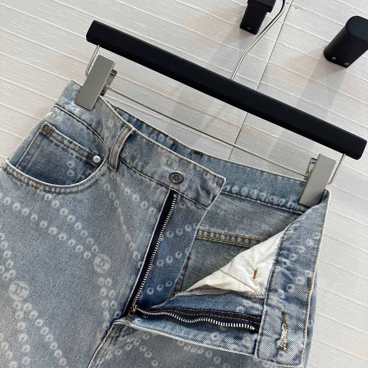 25ss Chain Print Vintage Washed Blue Denim Skirt