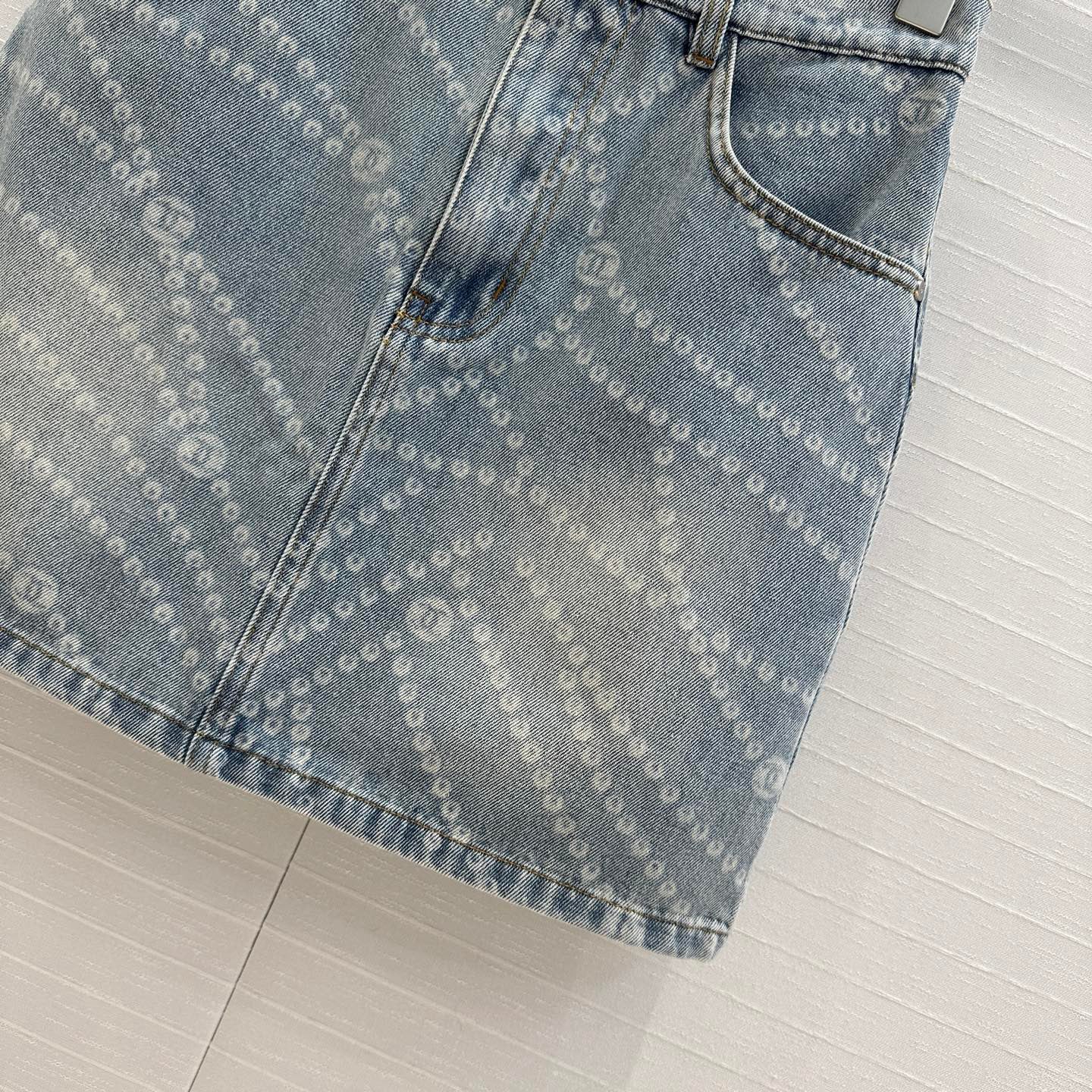 25ss Chain Print Vintage Washed Blue Denim Skirt