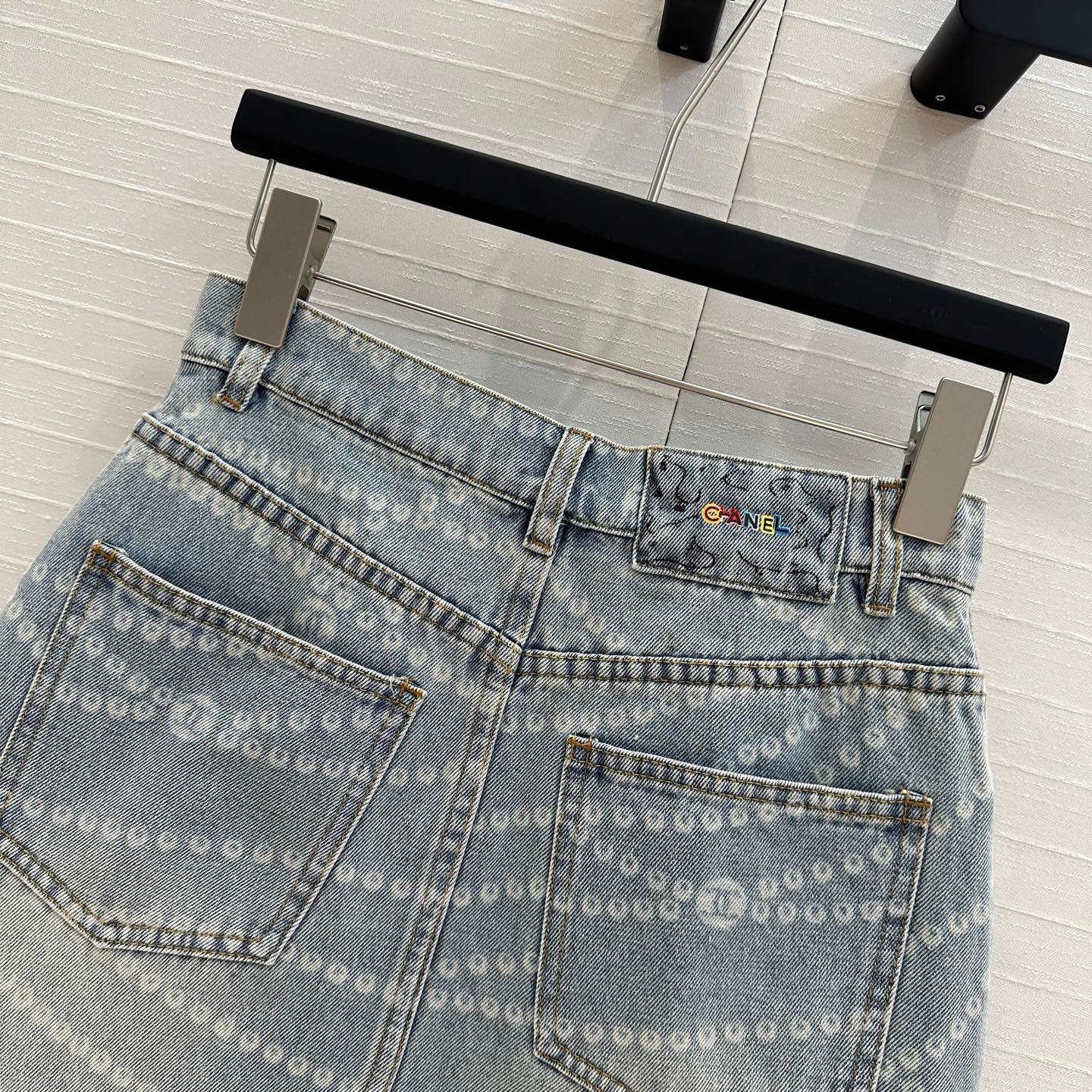 25ss Chain Print Vintage Washed Blue Denim Skirt