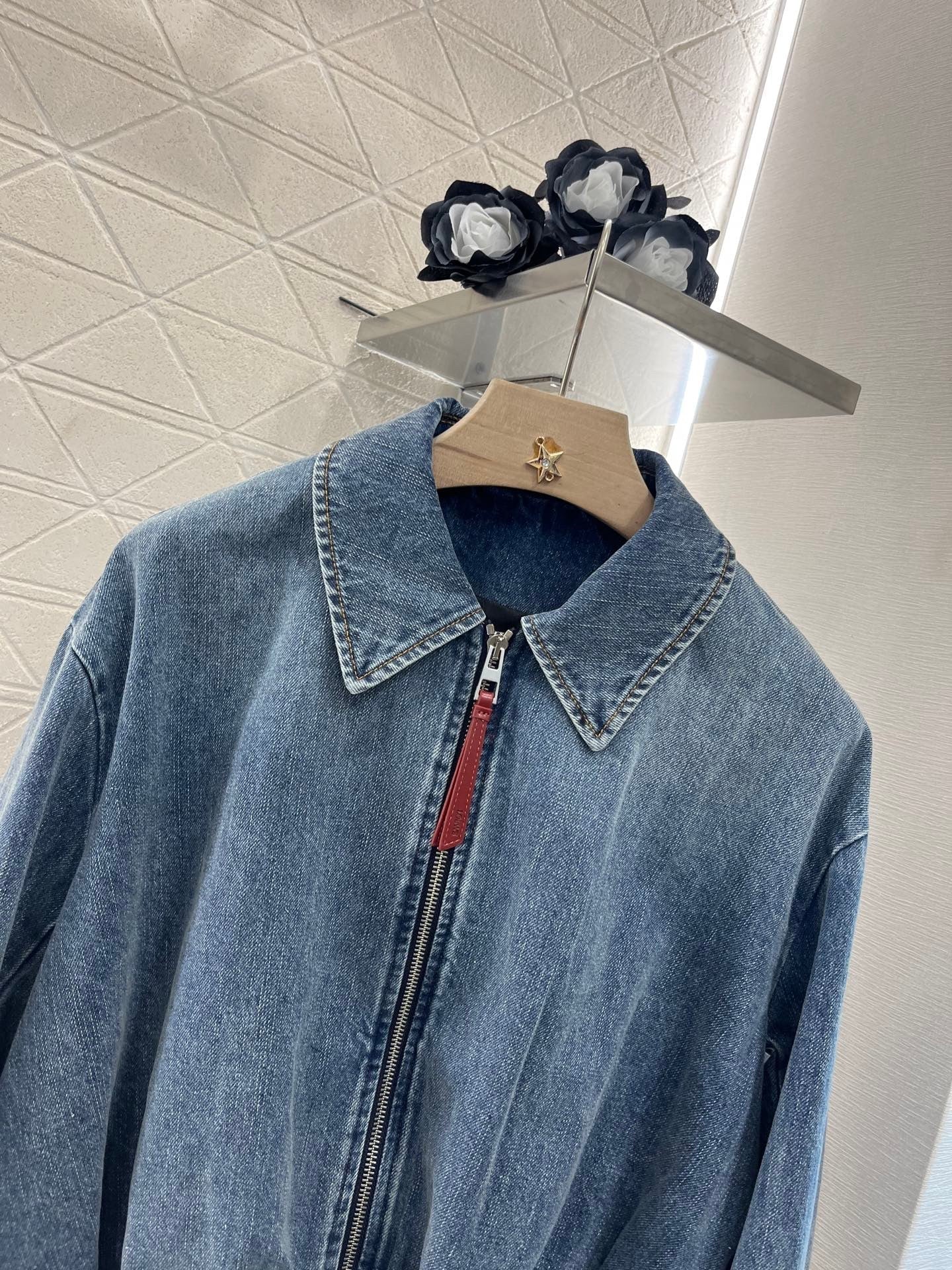 25ss zip-up leather patch denim jacket