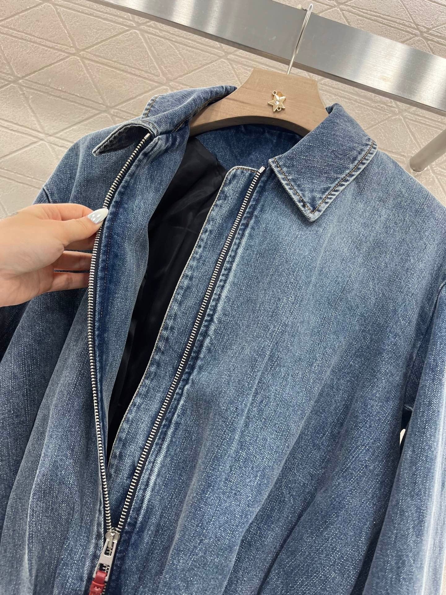 25ss zip-up leather patch denim jacket