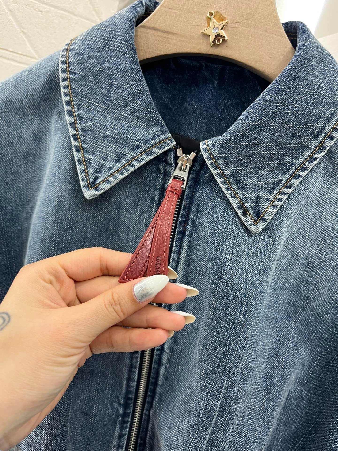 25ss zip-up leather patch denim jacket