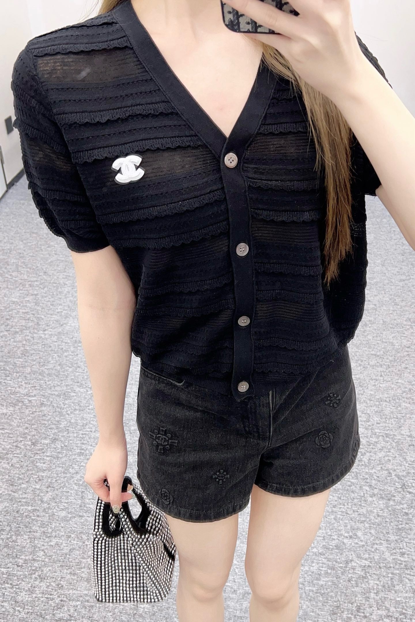 25SS New Lace V-neck Short Sleeve Sweater