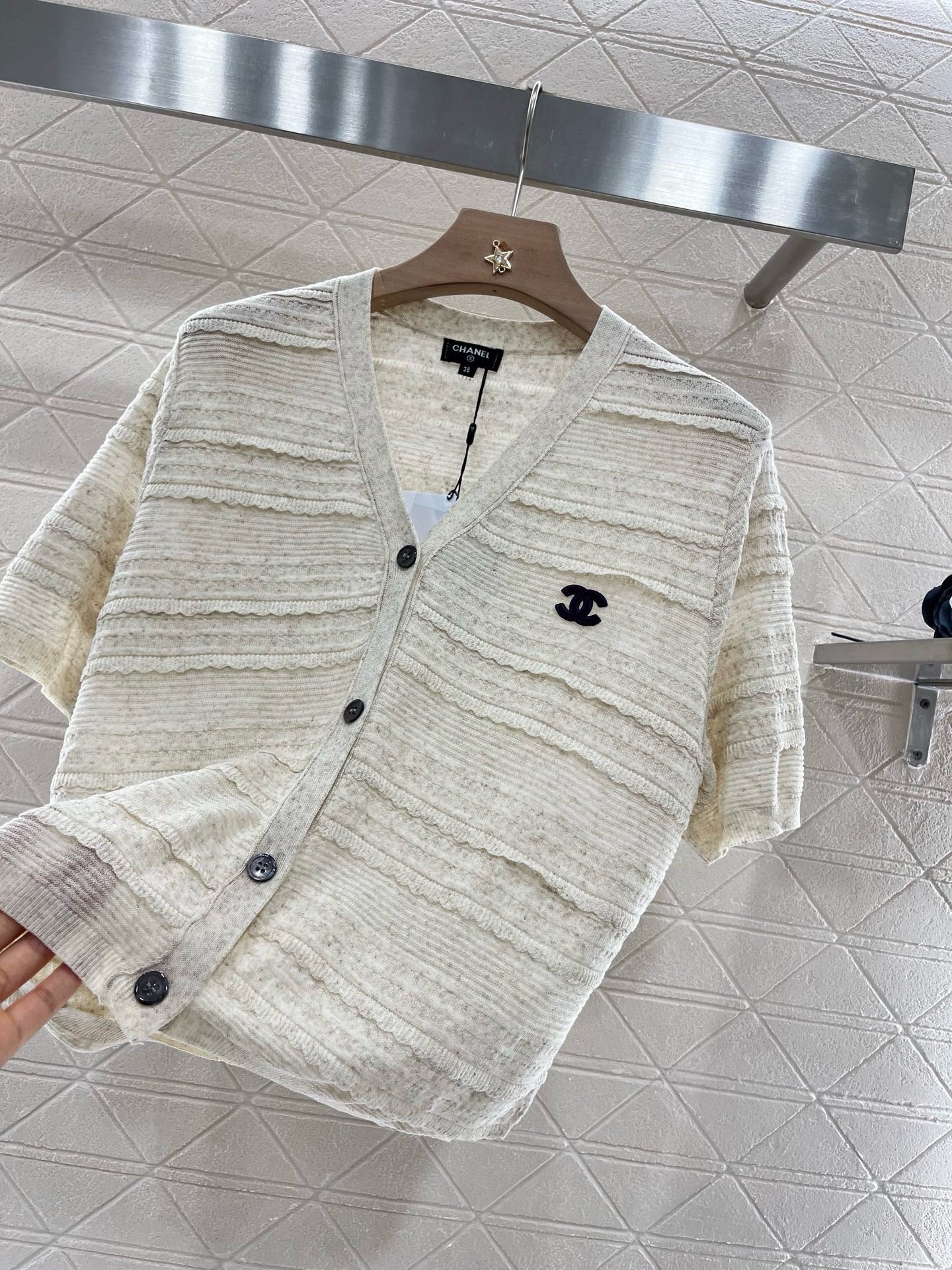25SS New Lace V-neck Short Sleeve Sweater