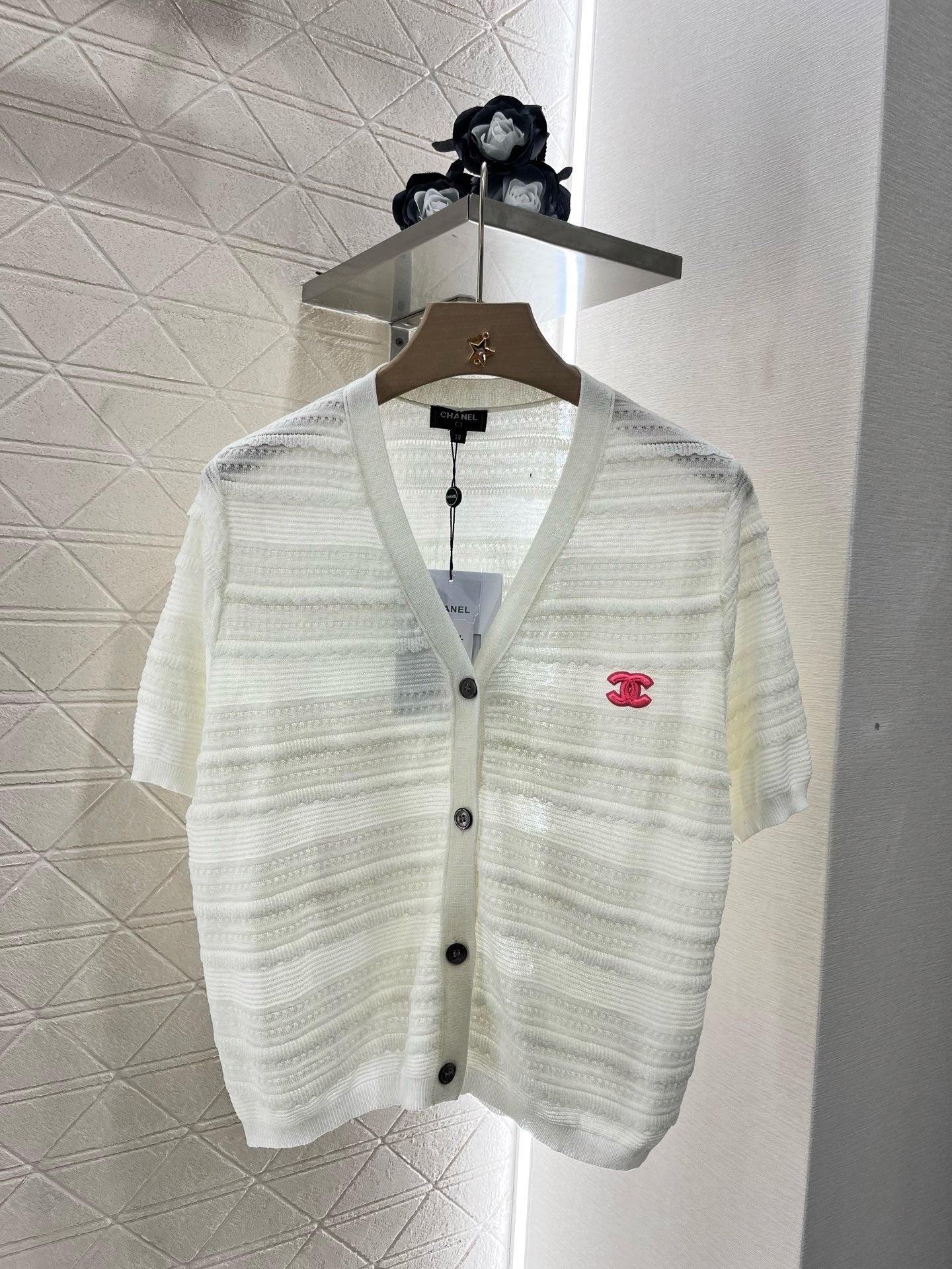 25SS New Lace V-neck Short Sleeve Sweater