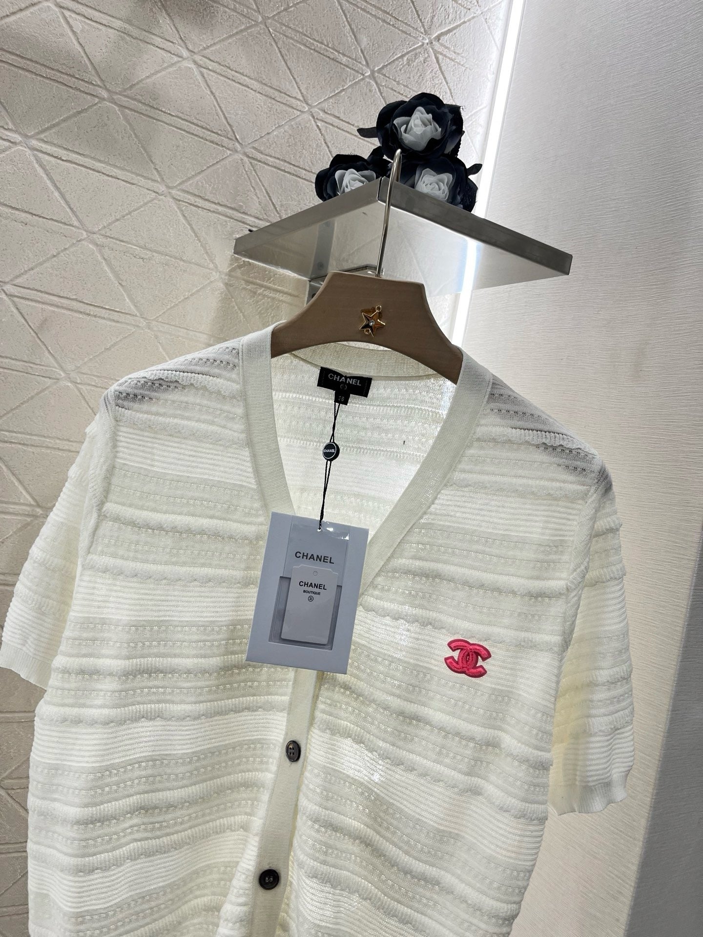 25SS New Lace V-neck Short Sleeve Sweater