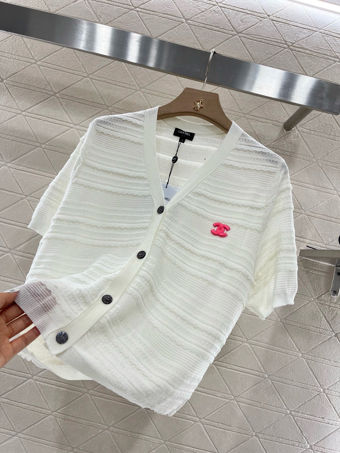 25SS New Lace V-neck Short Sleeve Sweater