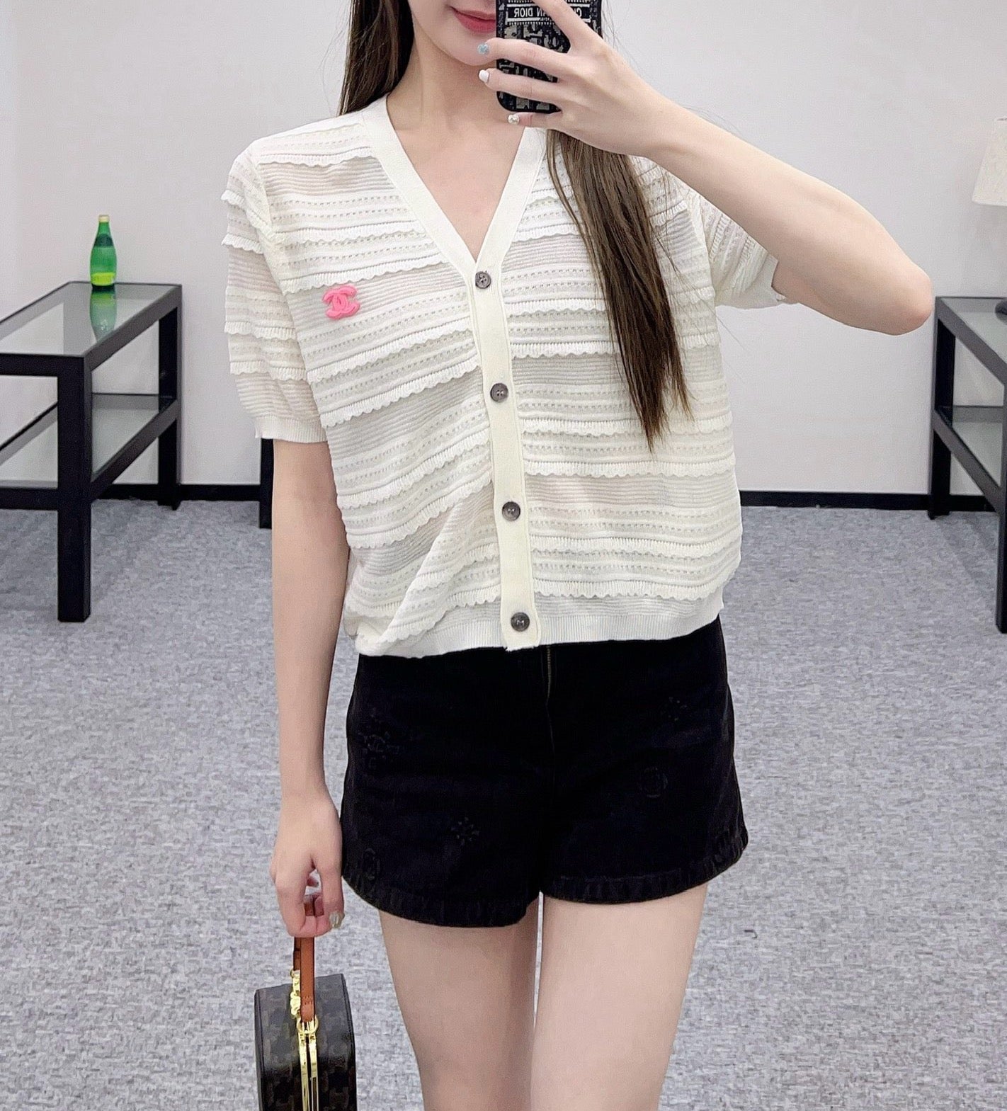 25SS New Lace V-neck Short Sleeve Sweater