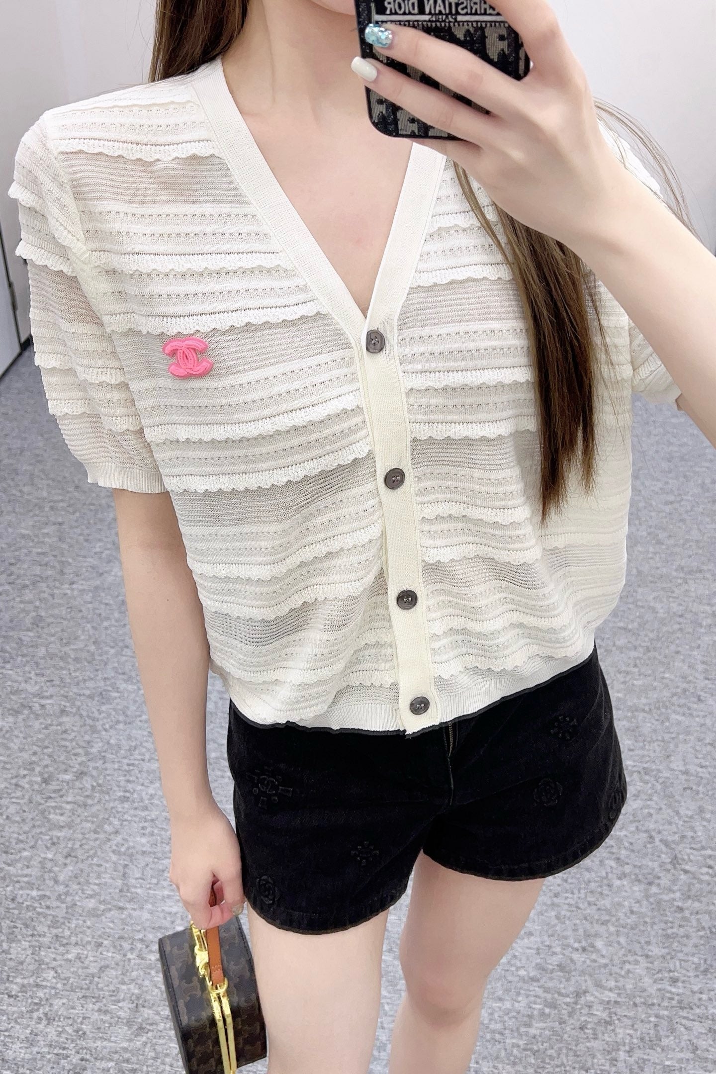25SS New Lace V-neck Short Sleeve Sweater