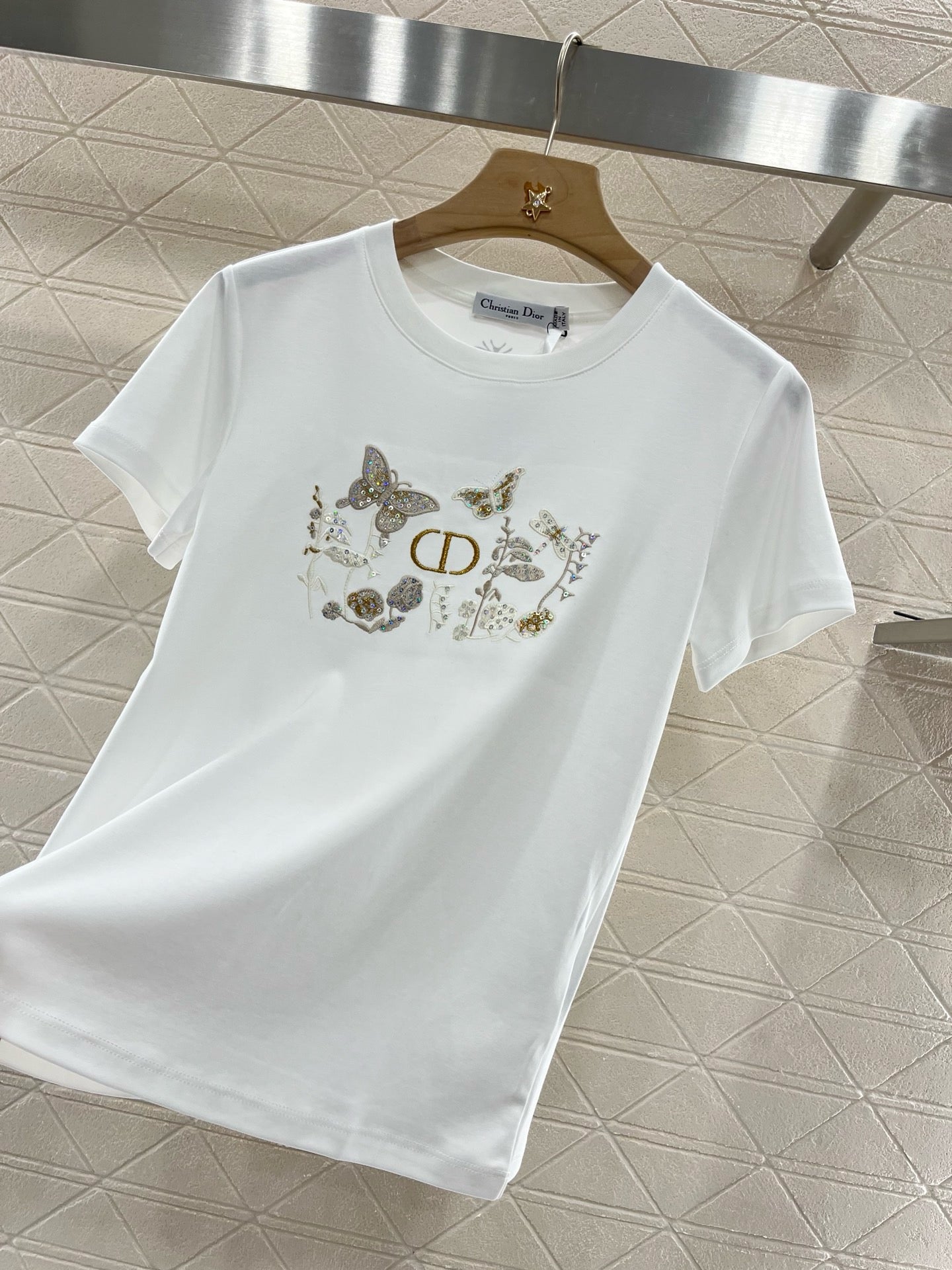 25SS New Embroidered Sequin Round Neck Short Sleeves