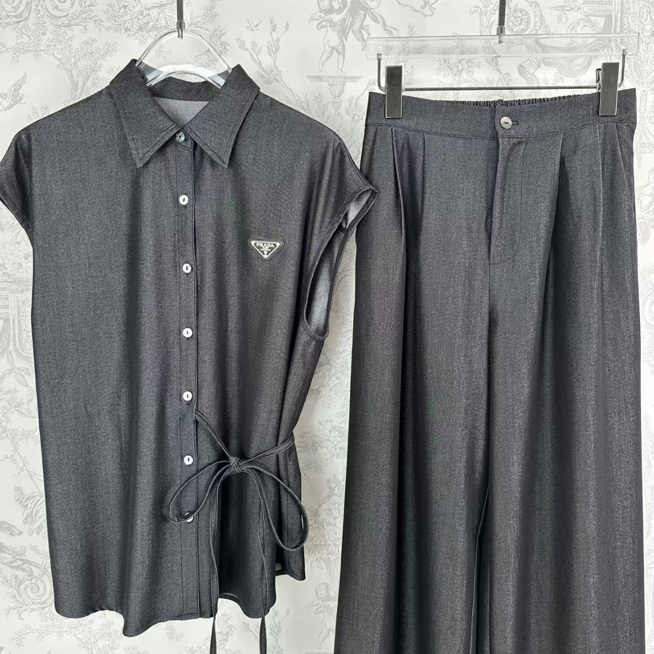 25 Early Spring Silk Denim Bandage + Elastic Waist Wide Leg Pants Set