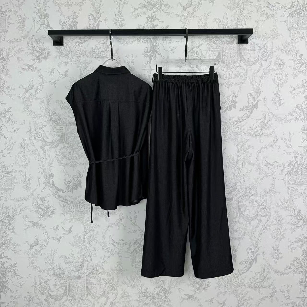 25 Early Spring Silk Denim Bandage + Elastic Waist Wide Leg Pants Set