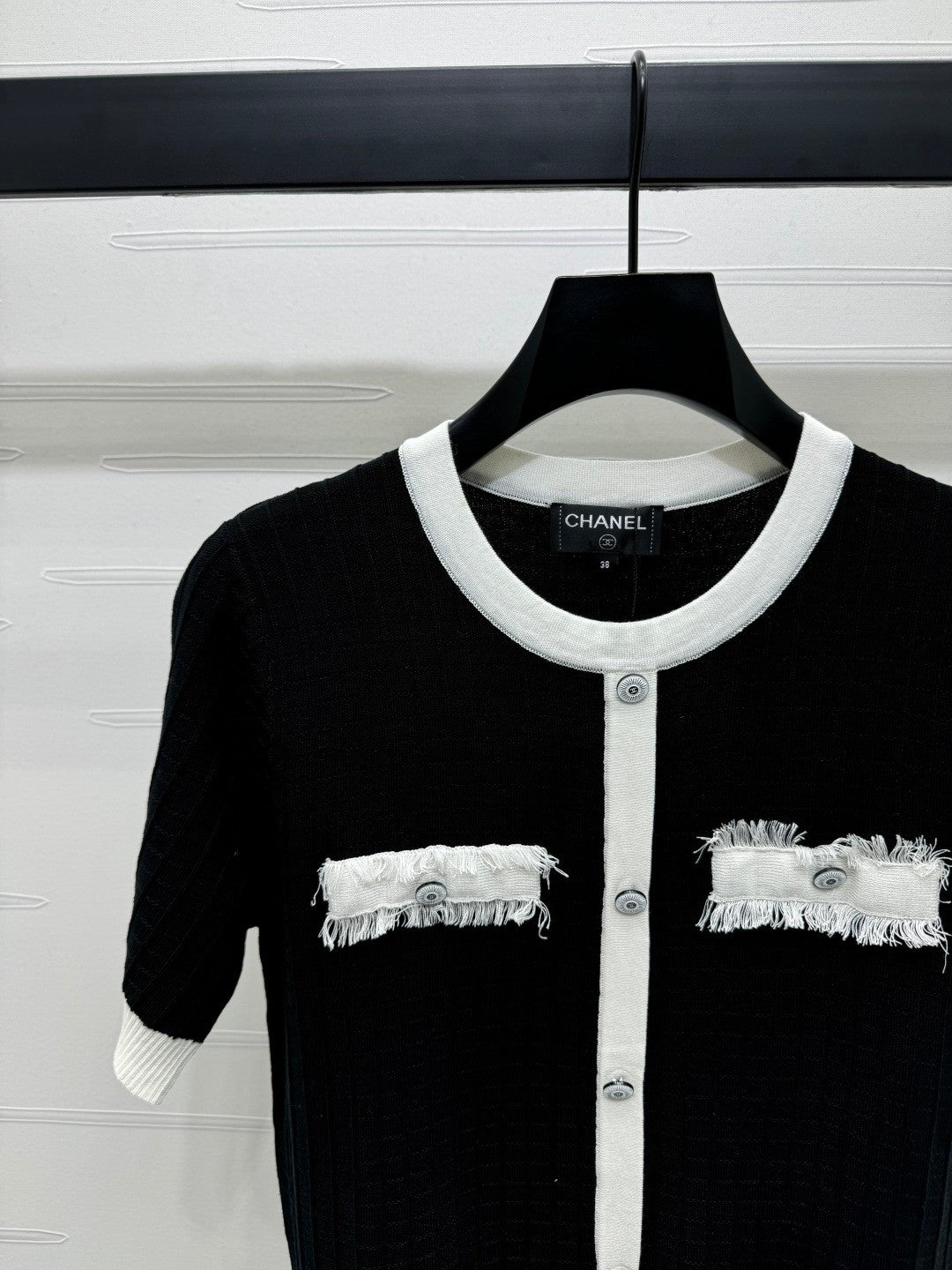 2025 spring and summer new tassel edge pocket knitted short sleeves