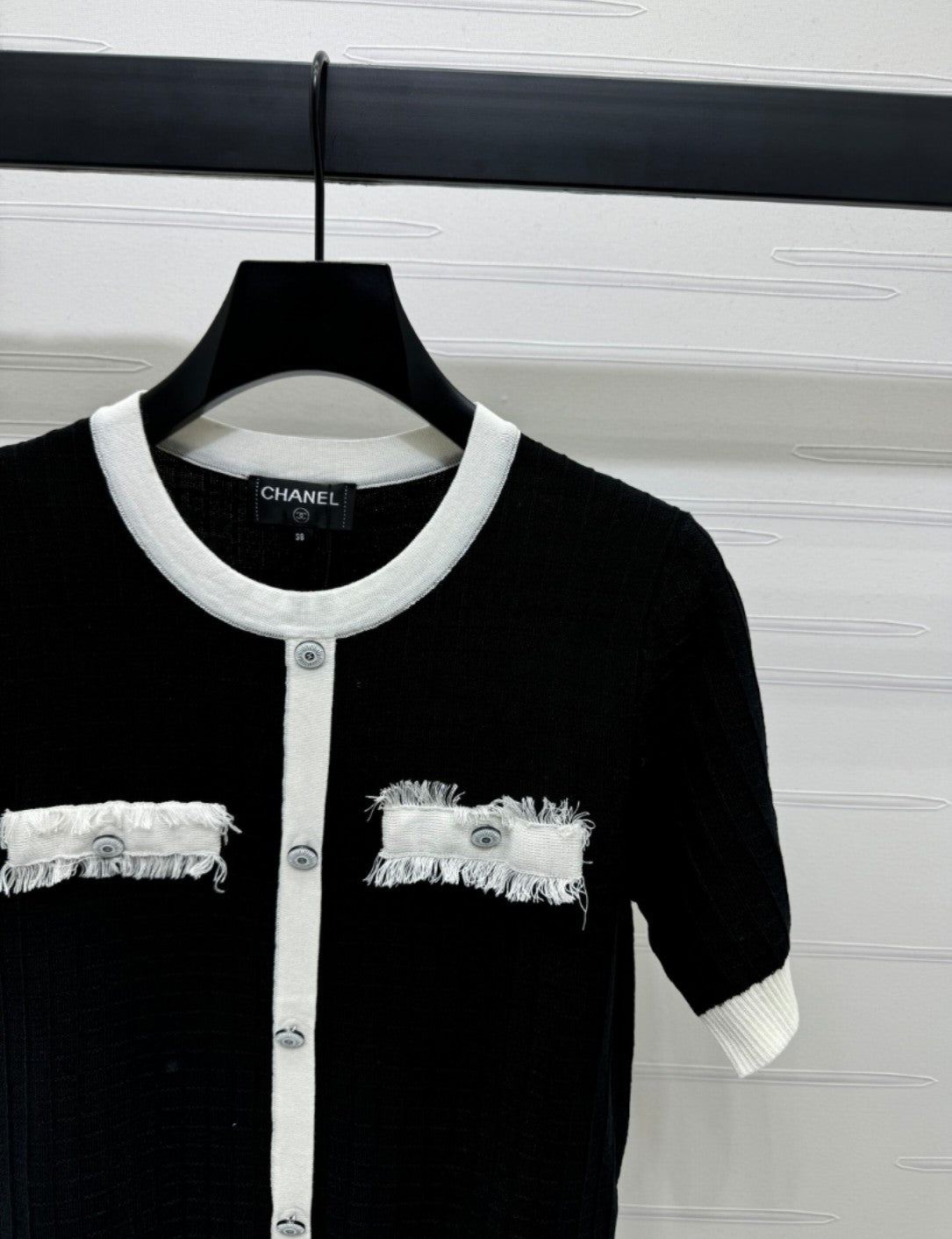 2025 spring and summer new tassel edge pocket knitted short sleeves
