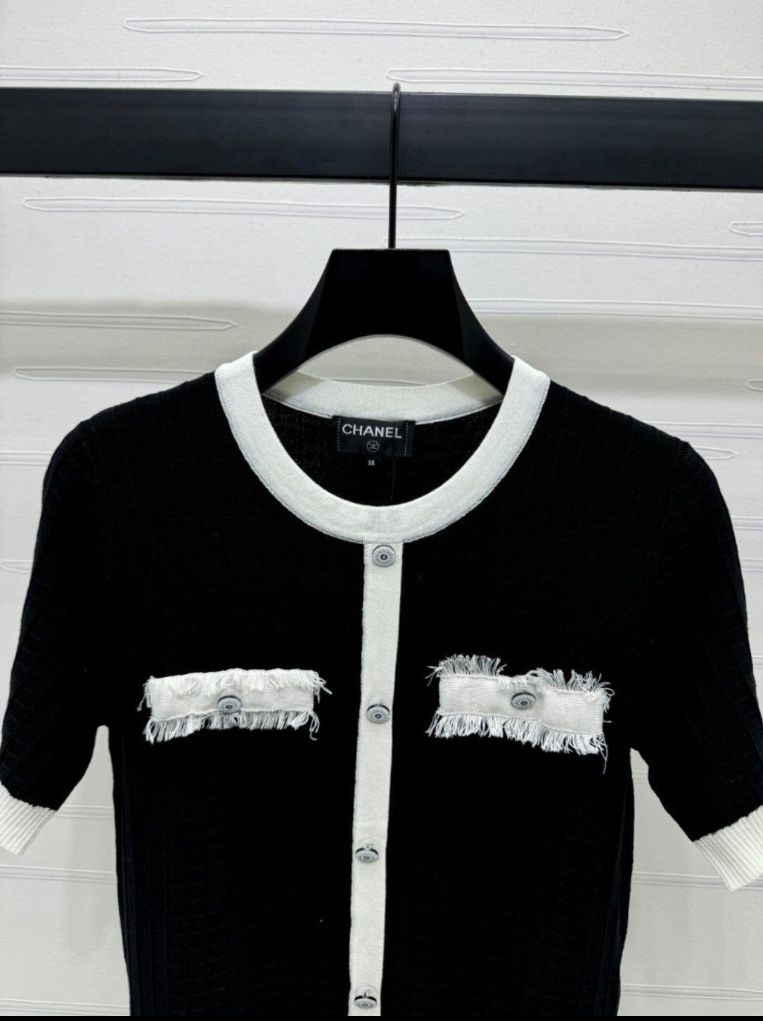 2025 spring and summer new tassel edge pocket knitted short sleeves