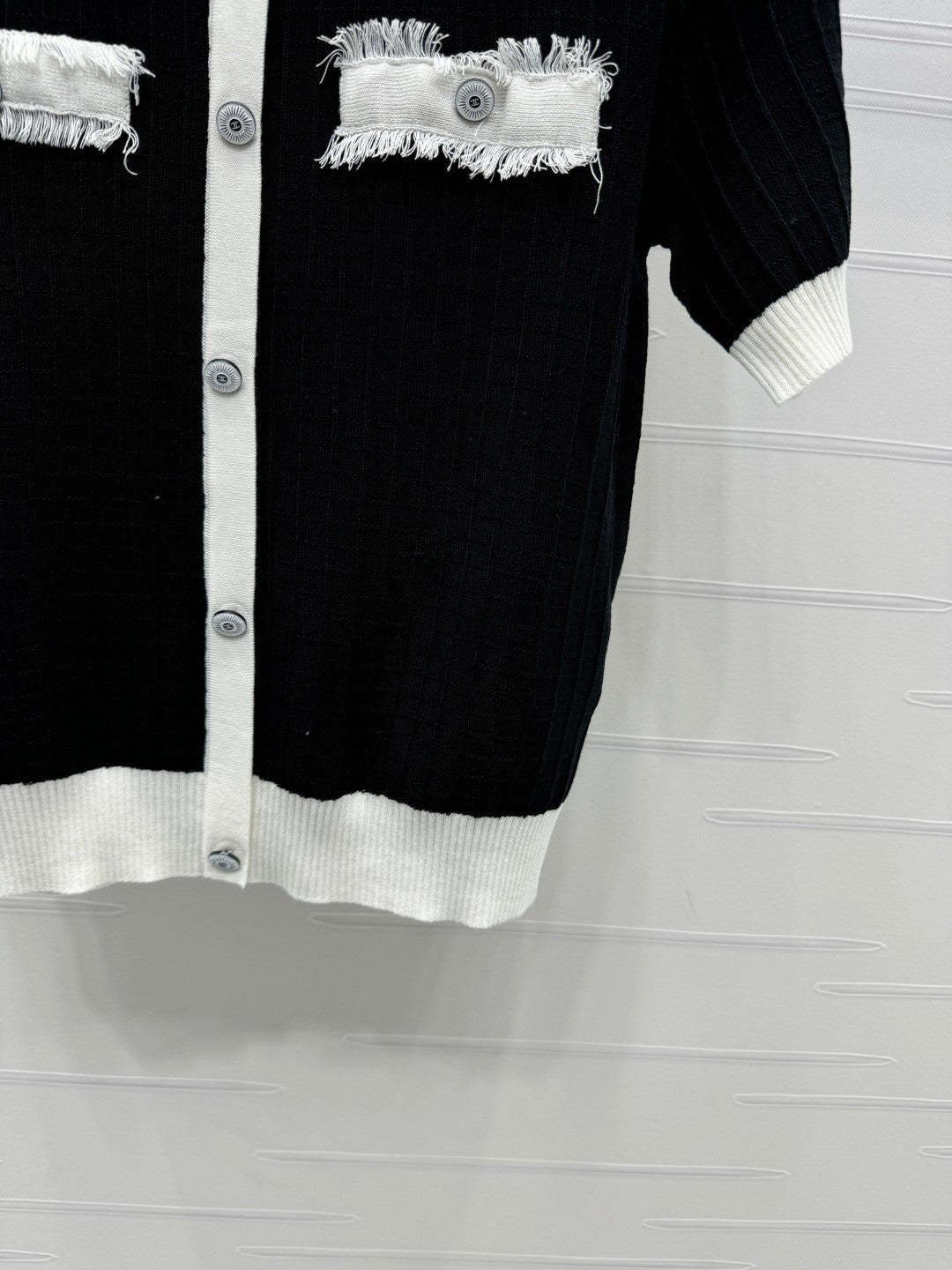 2025 spring and summer new tassel edge pocket knitted short sleeves