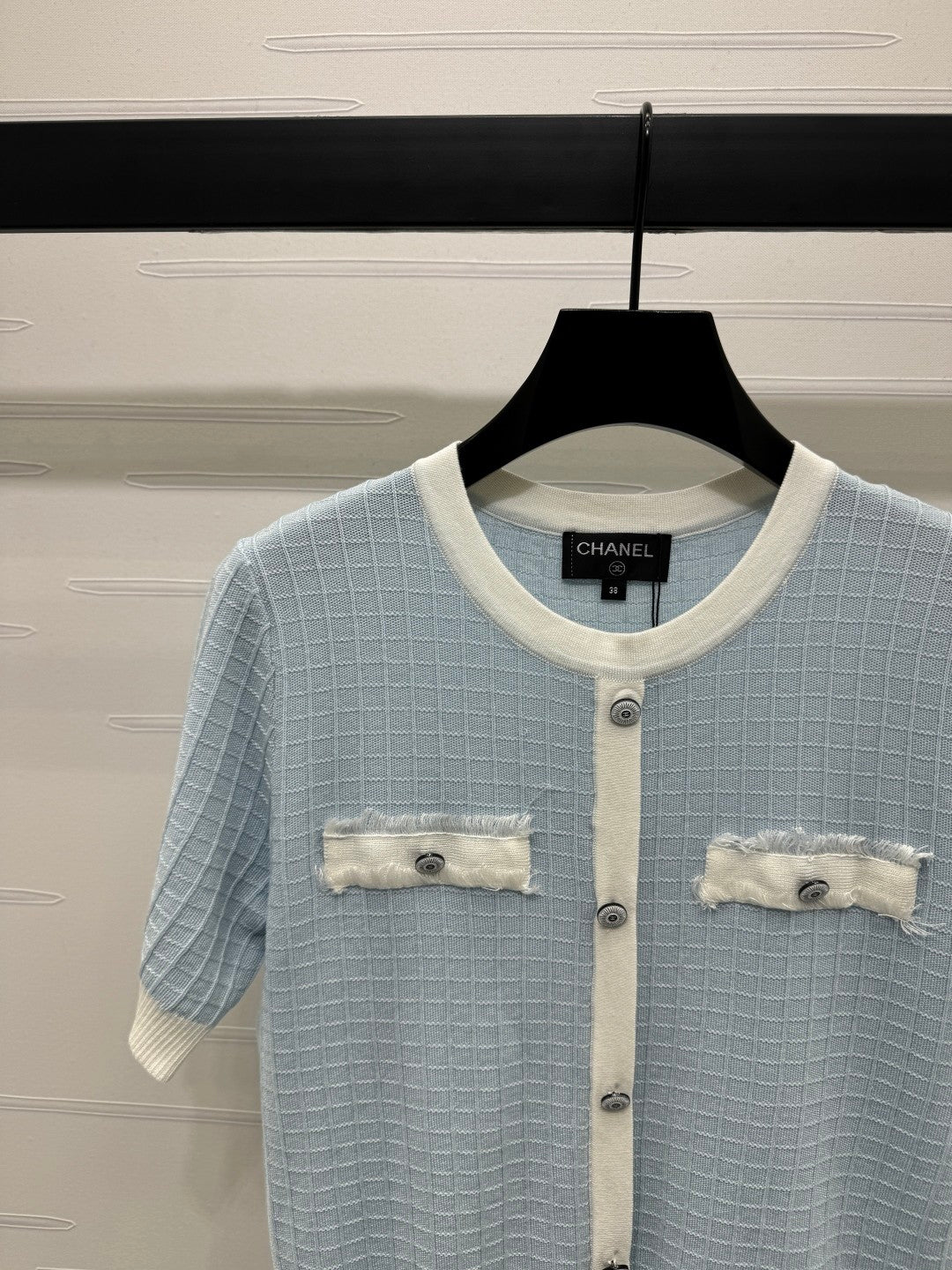 2025 spring and summer new tassel edge pocket knitted short sleeves