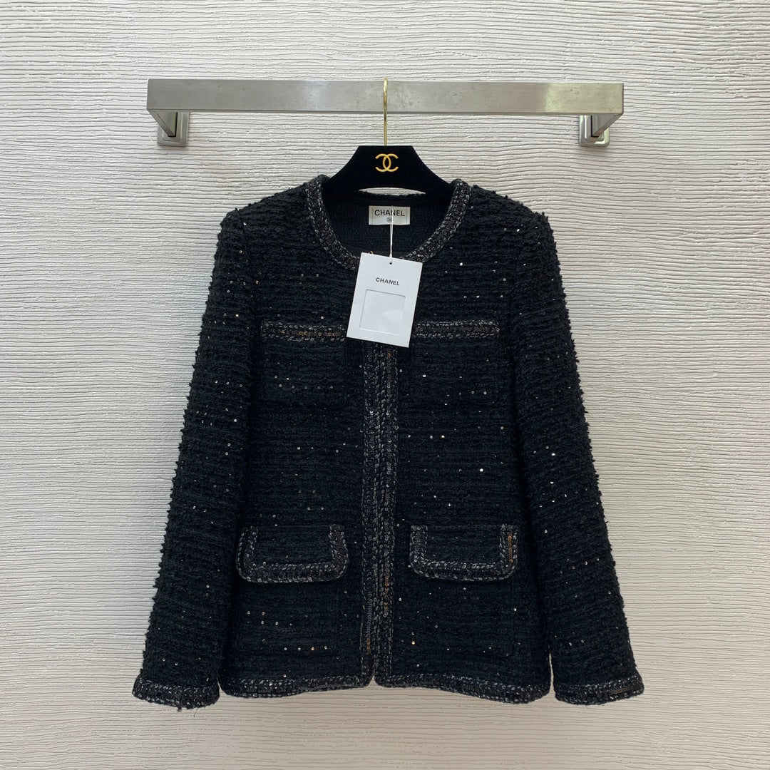 25ss Fried Dough Twists hemmed sequin blended woven tweed small fragrance round neck long sleeve coat