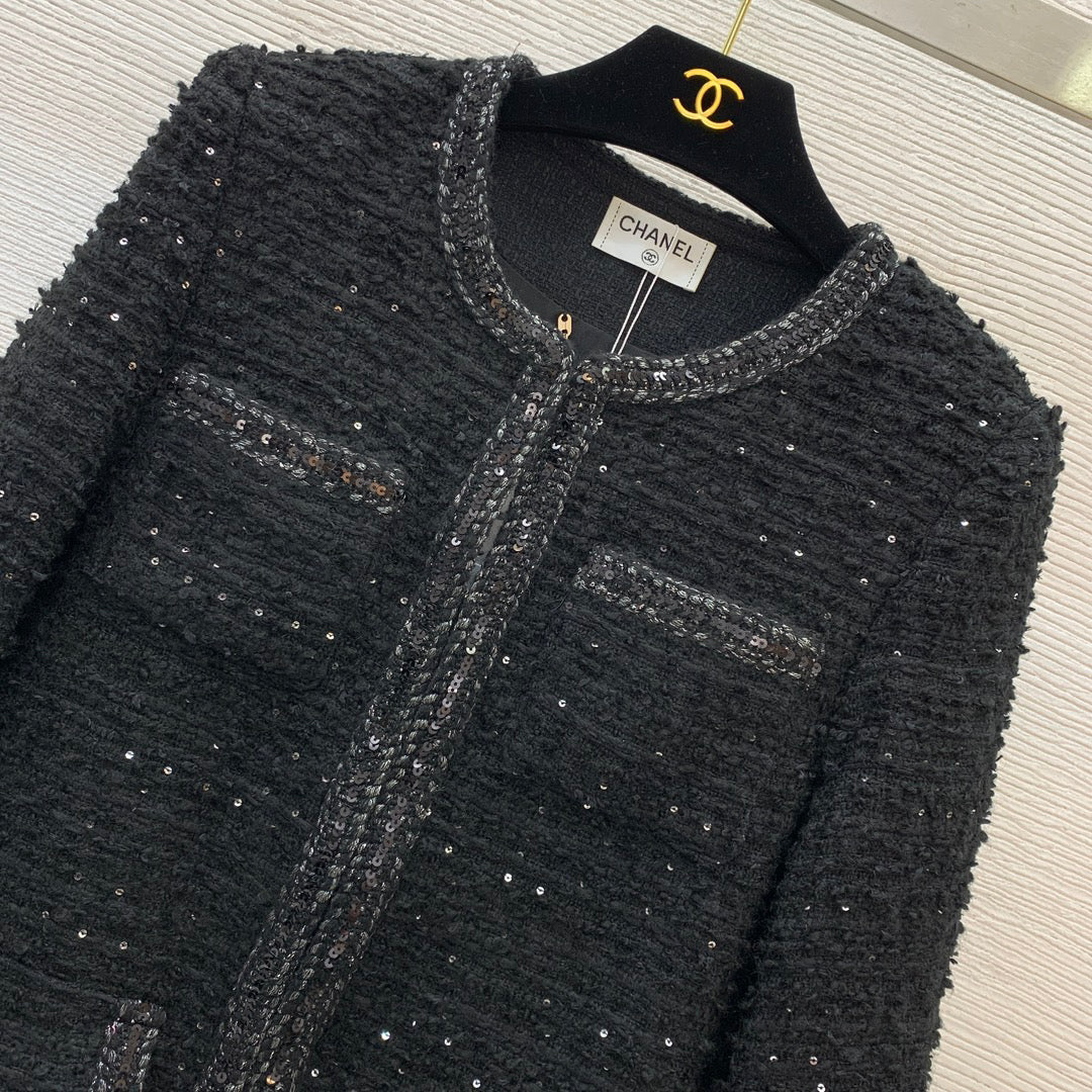 25ss Fried Dough Twists hemmed sequin blended woven tweed small fragrance round neck long sleeve coat