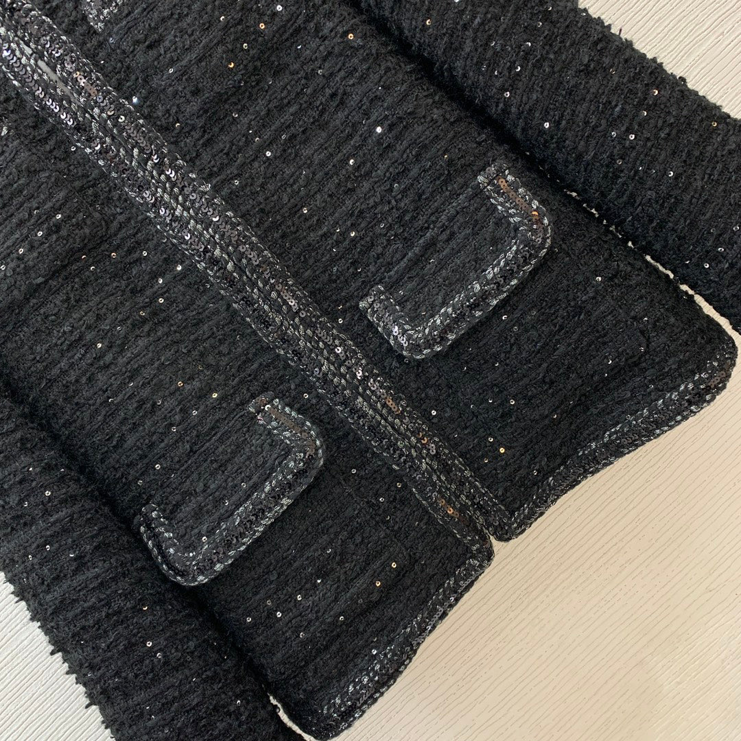 25ss Fried Dough Twists hemmed sequin blended woven tweed small fragrance round neck long sleeve coat