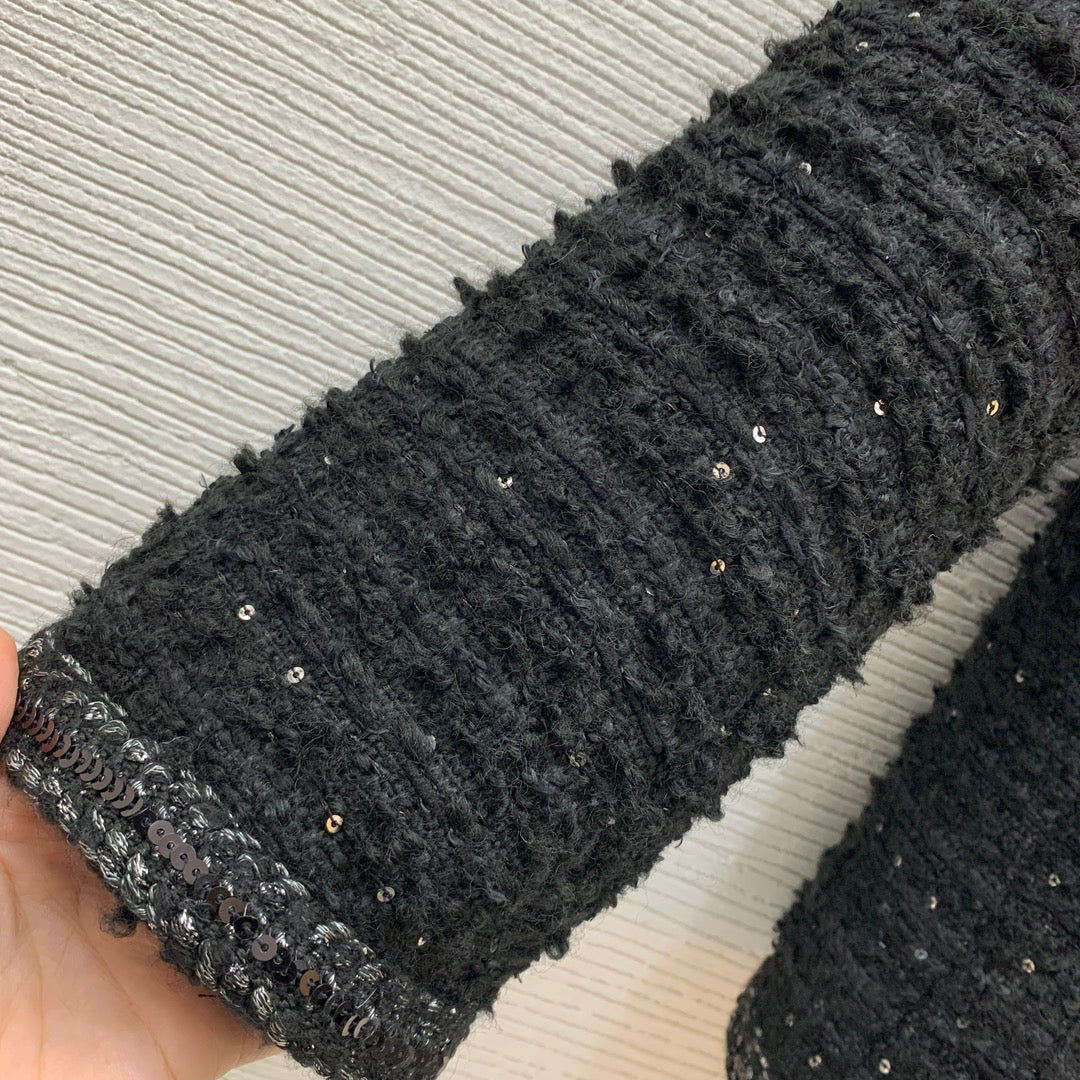 25ss Fried Dough Twists hemmed sequin blended woven tweed small fragrance round neck long sleeve coat