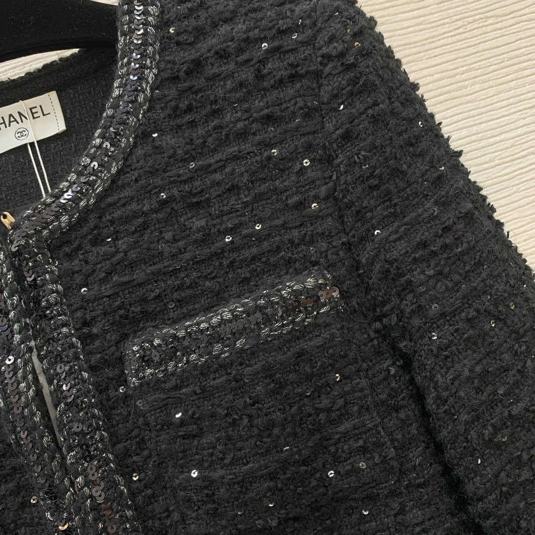 25ss Fried Dough Twists hemmed sequin blended woven tweed small fragrance round neck long sleeve coat