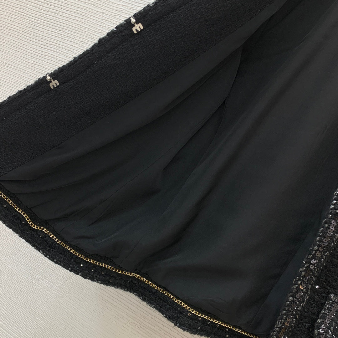 25ss Fried Dough Twists hemmed sequin blended woven tweed small fragrance round neck long sleeve coat