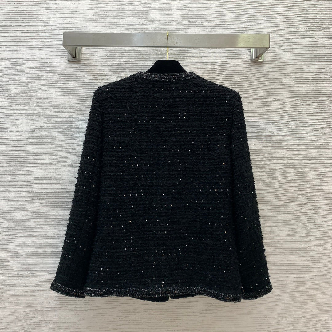 25ss Fried Dough Twists hemmed sequin blended woven tweed small fragrance round neck long sleeve coat