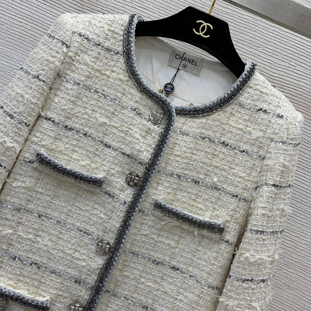 25ss Fried Dough Twists binding contrast stripe woven round neck long sleeve tweed coat
