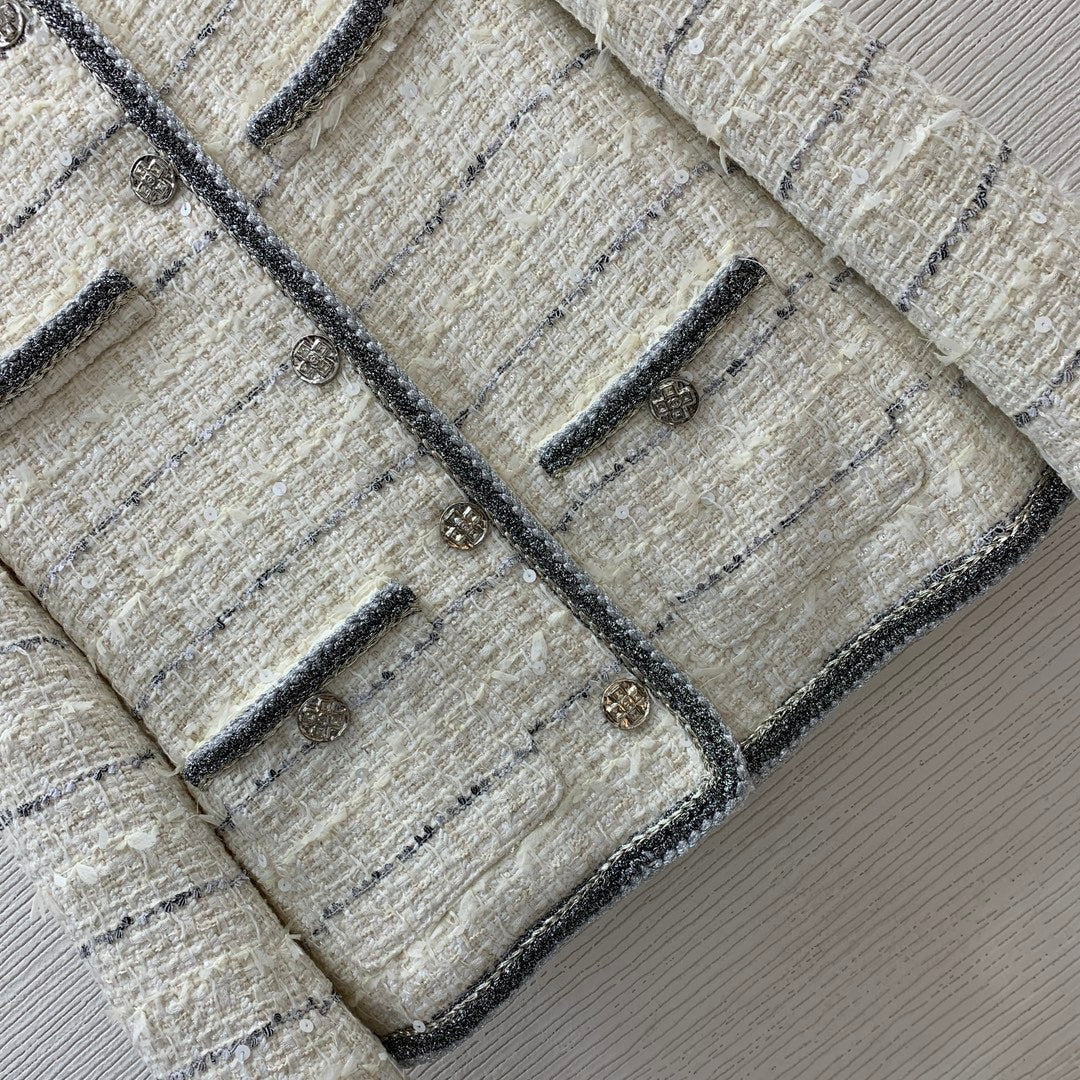 25ss Fried Dough Twists binding contrast stripe woven round neck long sleeve tweed coat