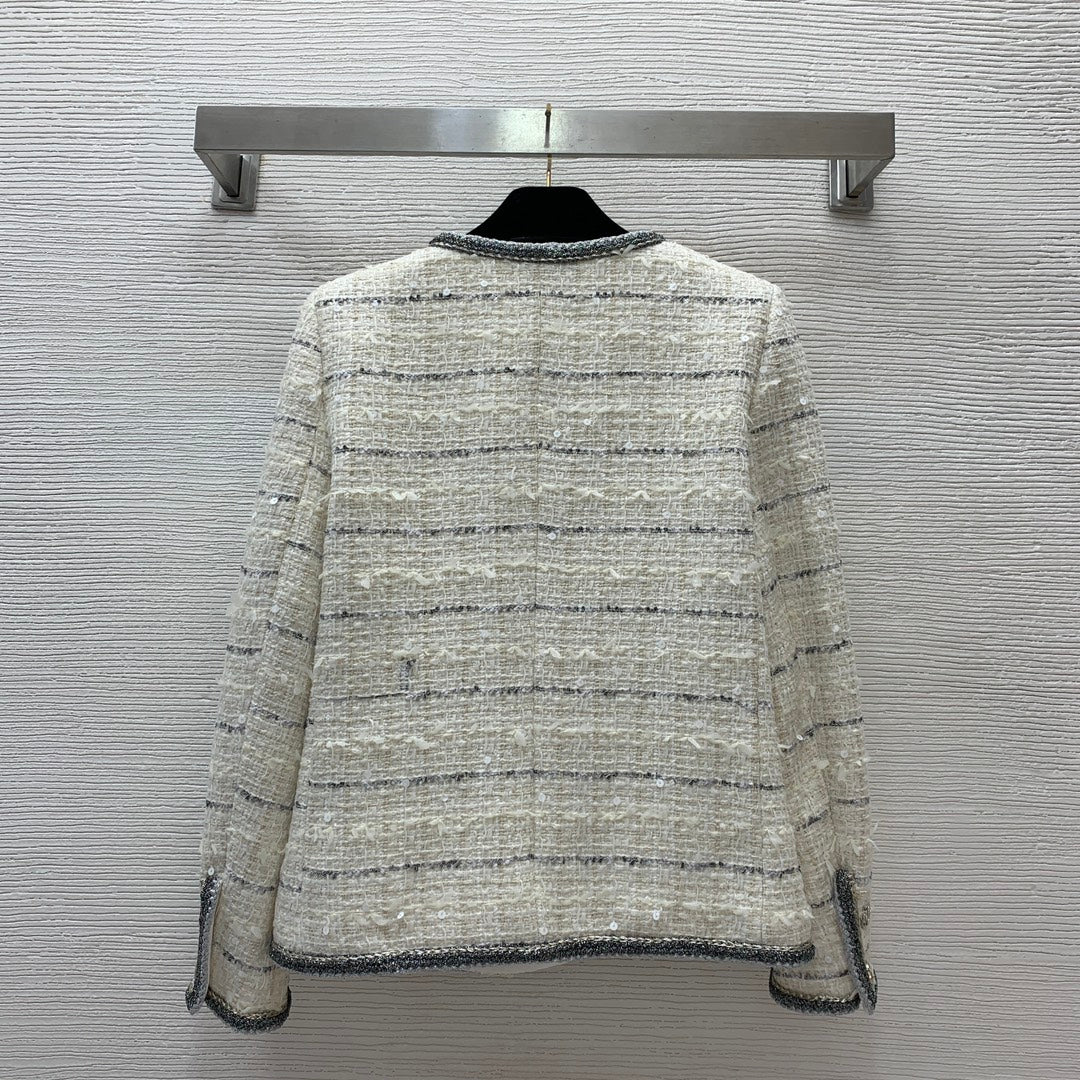 25ss Fried Dough Twists binding contrast stripe woven round neck long sleeve tweed coat
