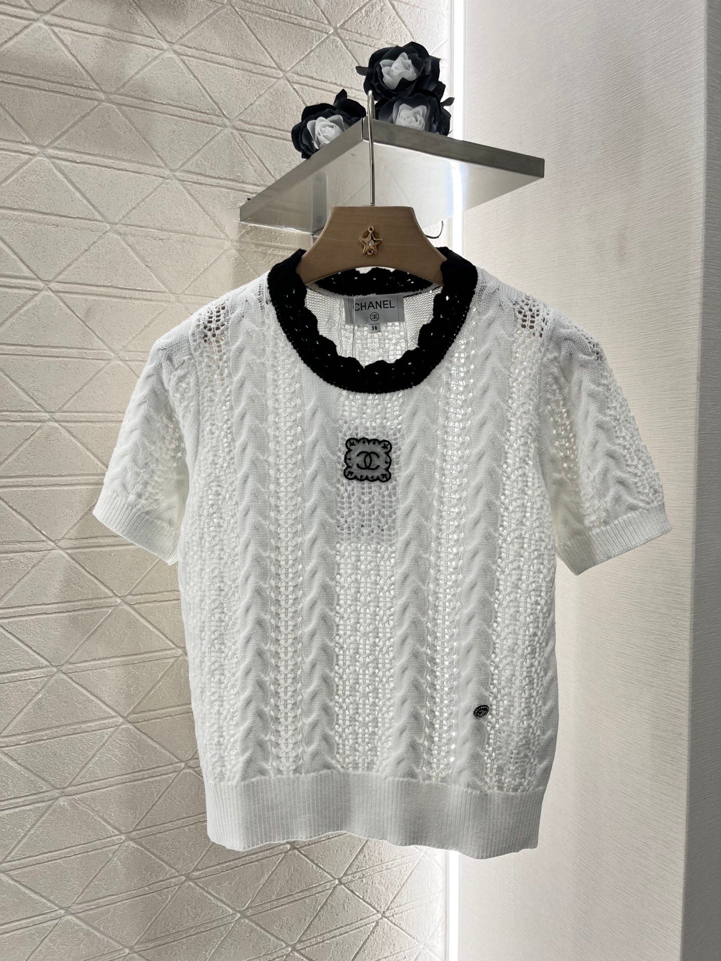 25SS Micro transparent contrasting knitted short sleeved shirt