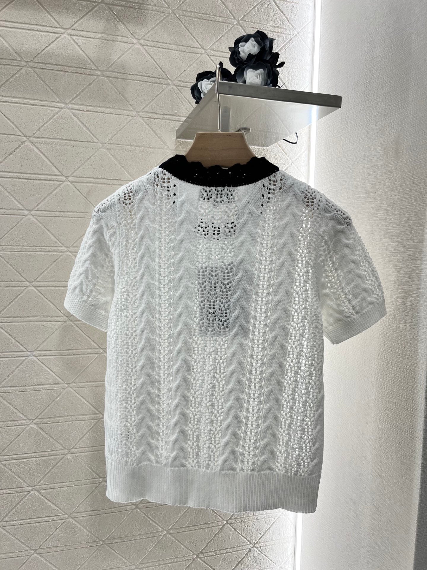25SS Micro transparent contrasting knitted short sleeved shirt