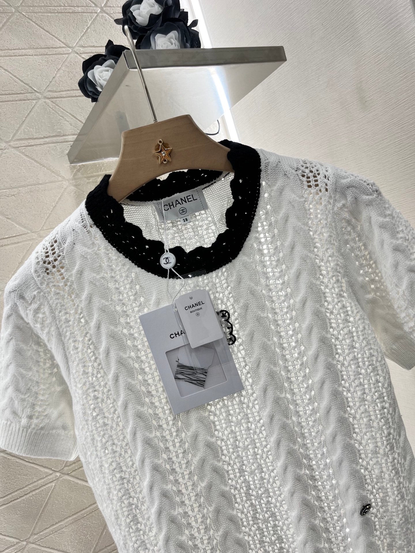 25SS Micro transparent contrasting knitted short sleeved shirt