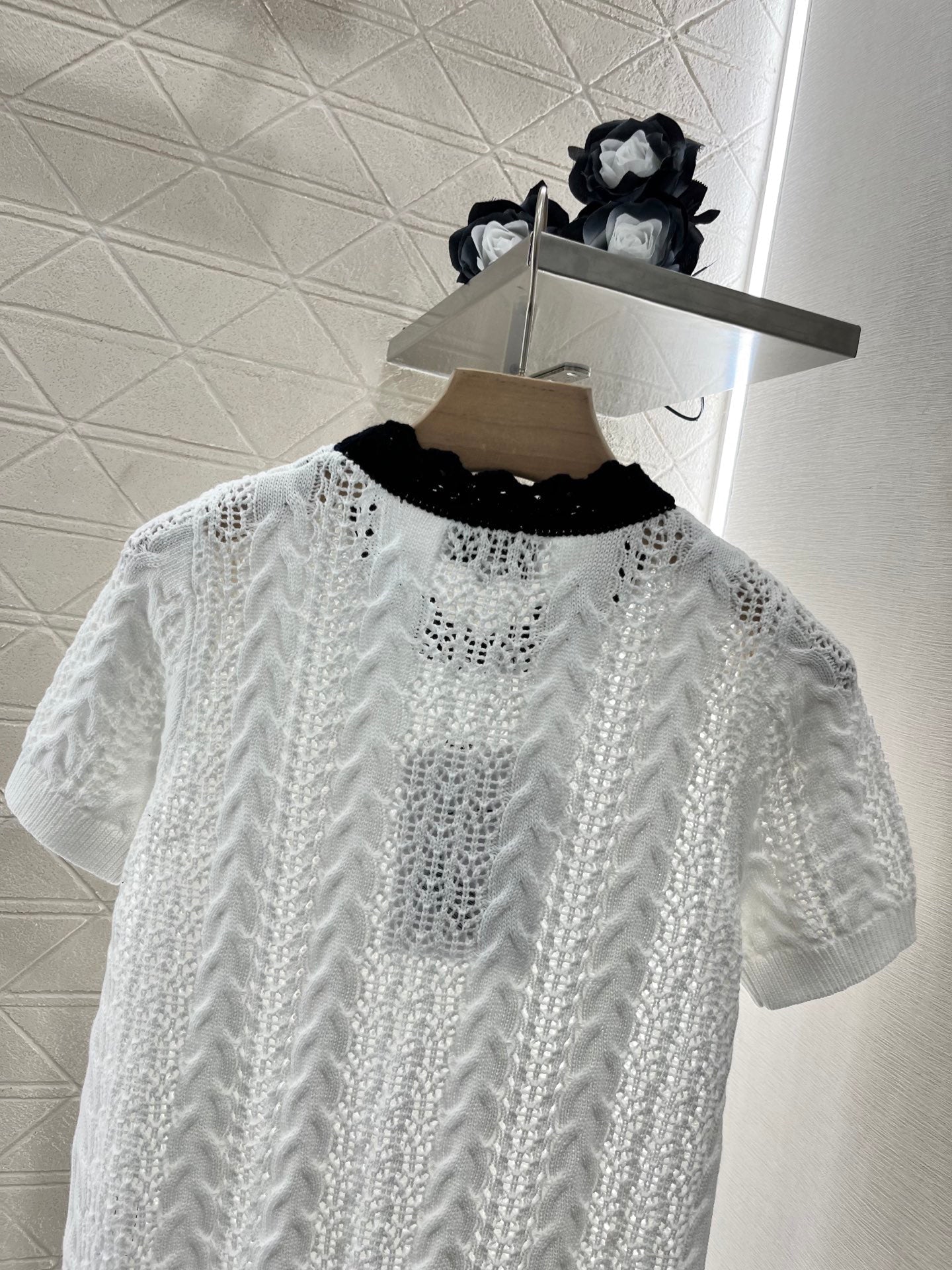 25SS Micro transparent contrasting knitted short sleeved shirt