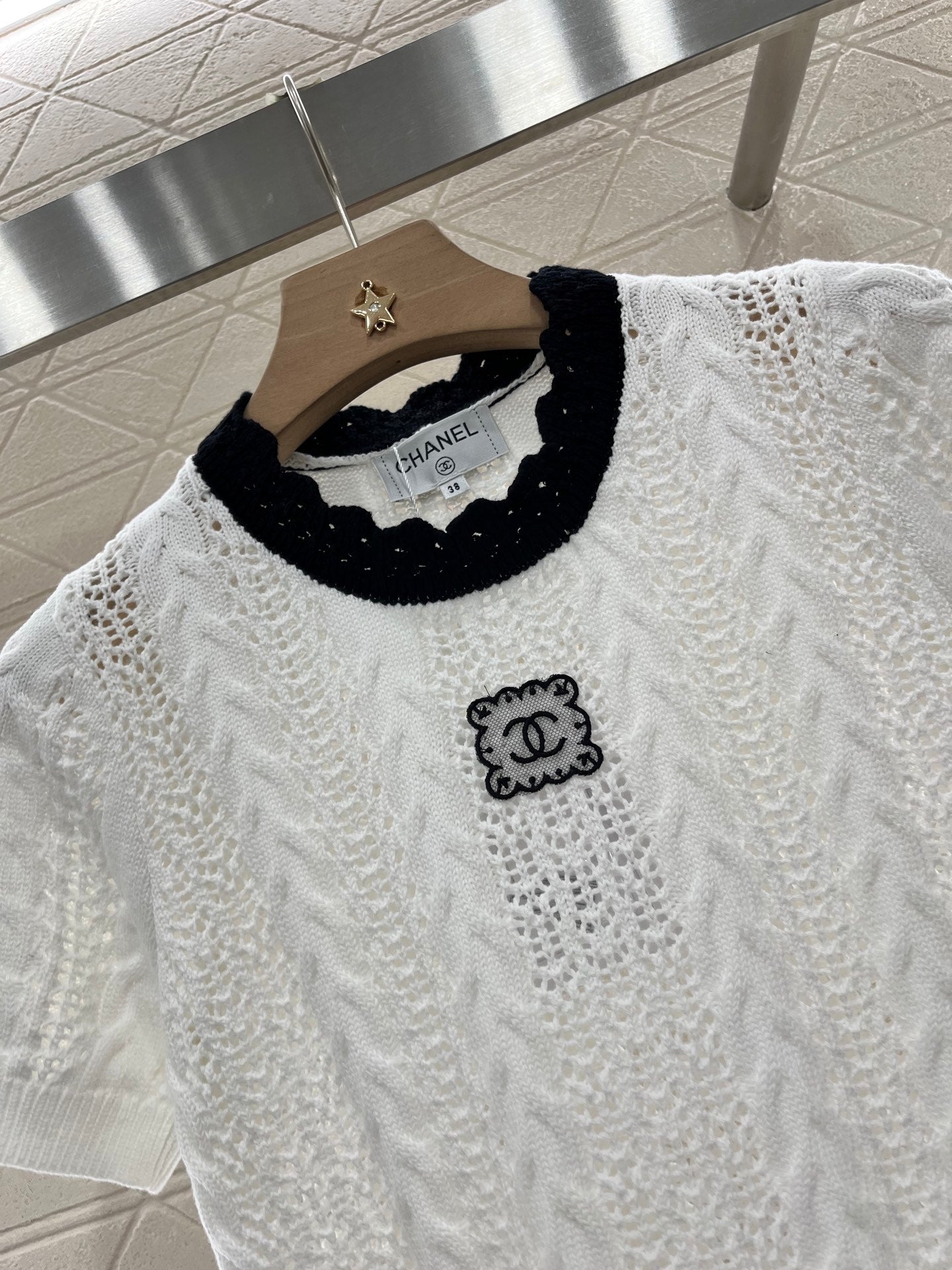 25SS Micro transparent contrasting knitted short sleeved shirt