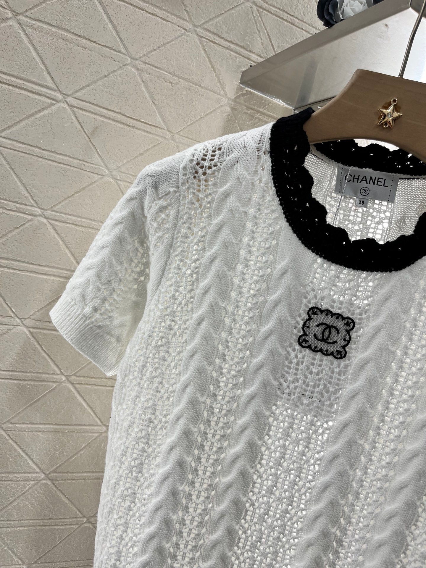 25SS Micro transparent contrasting knitted short sleeved shirt
