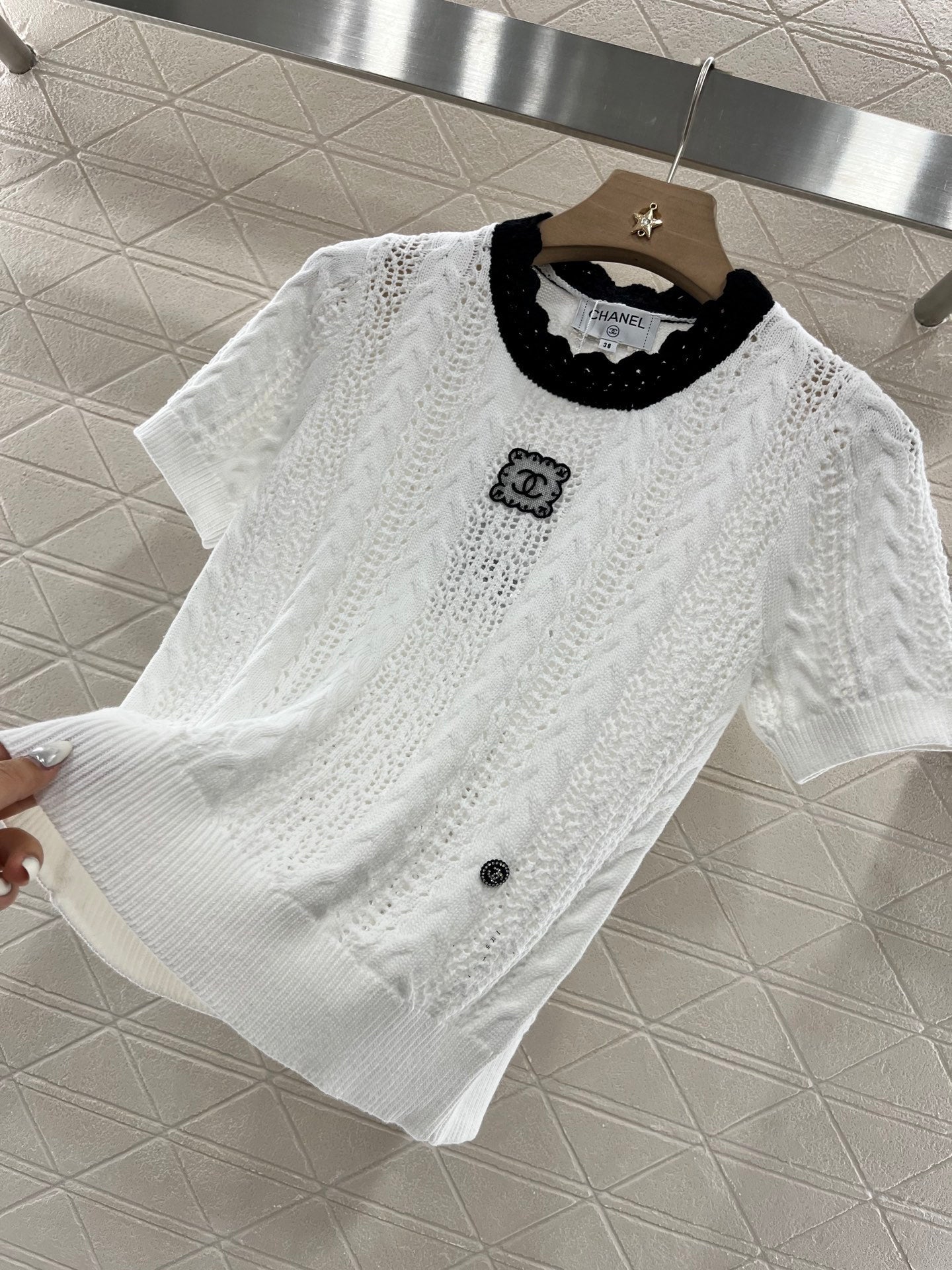25SS Micro transparent contrasting knitted short sleeved shirt