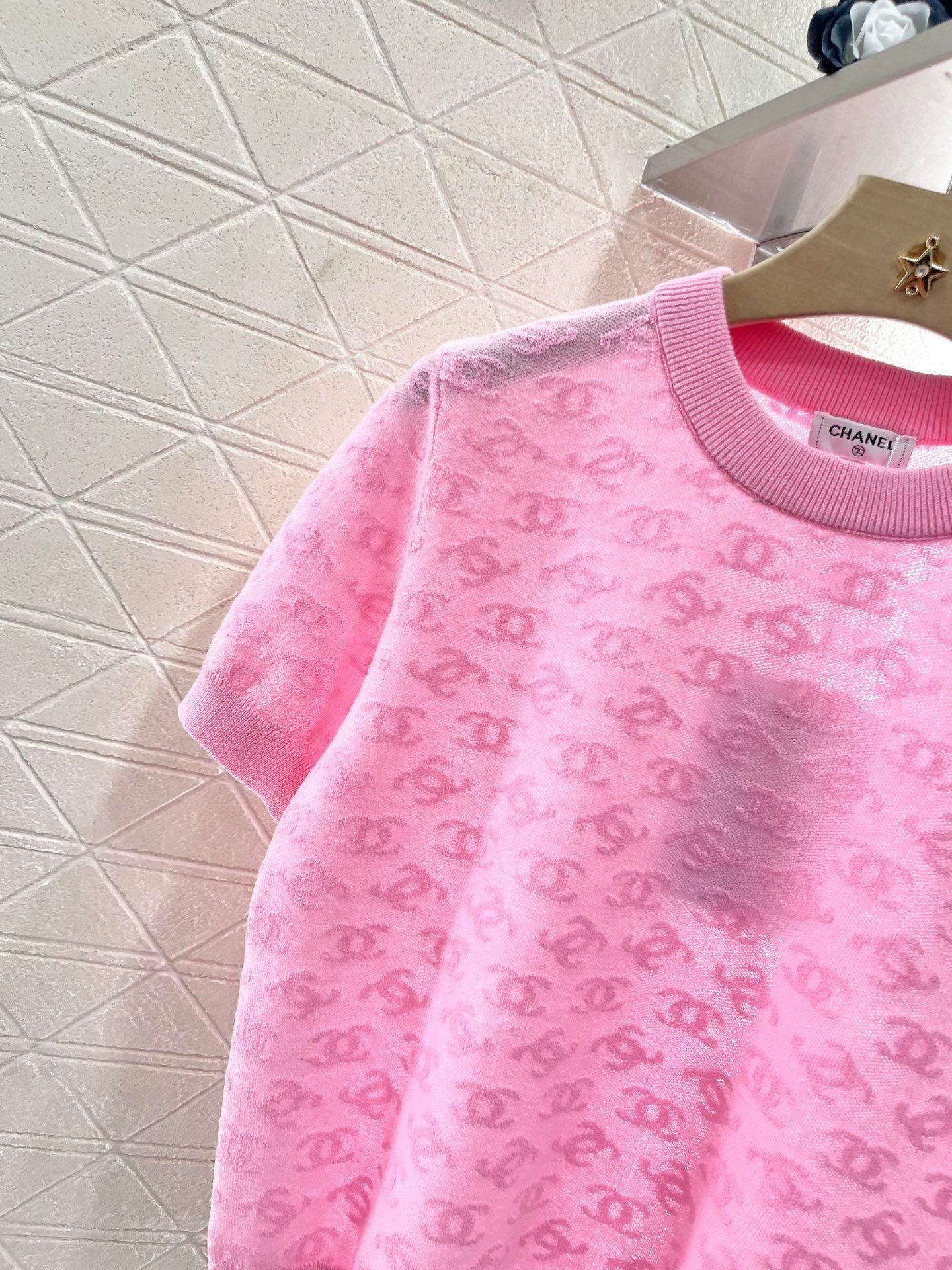 25SS Micro transparent jacquard knitted short sleeved shirt