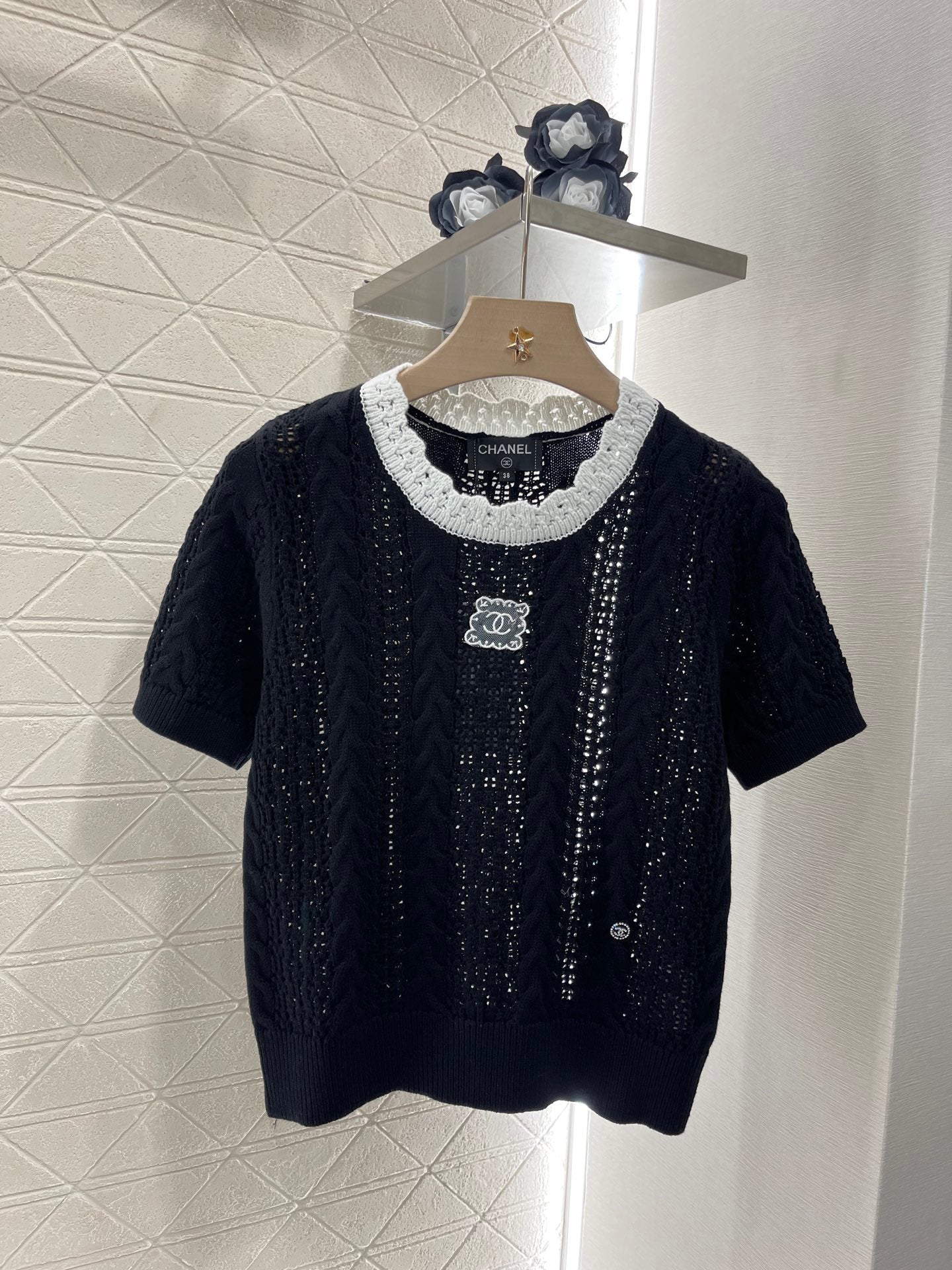 25SS Micro transparent contrasting knitted short sleeved shirt