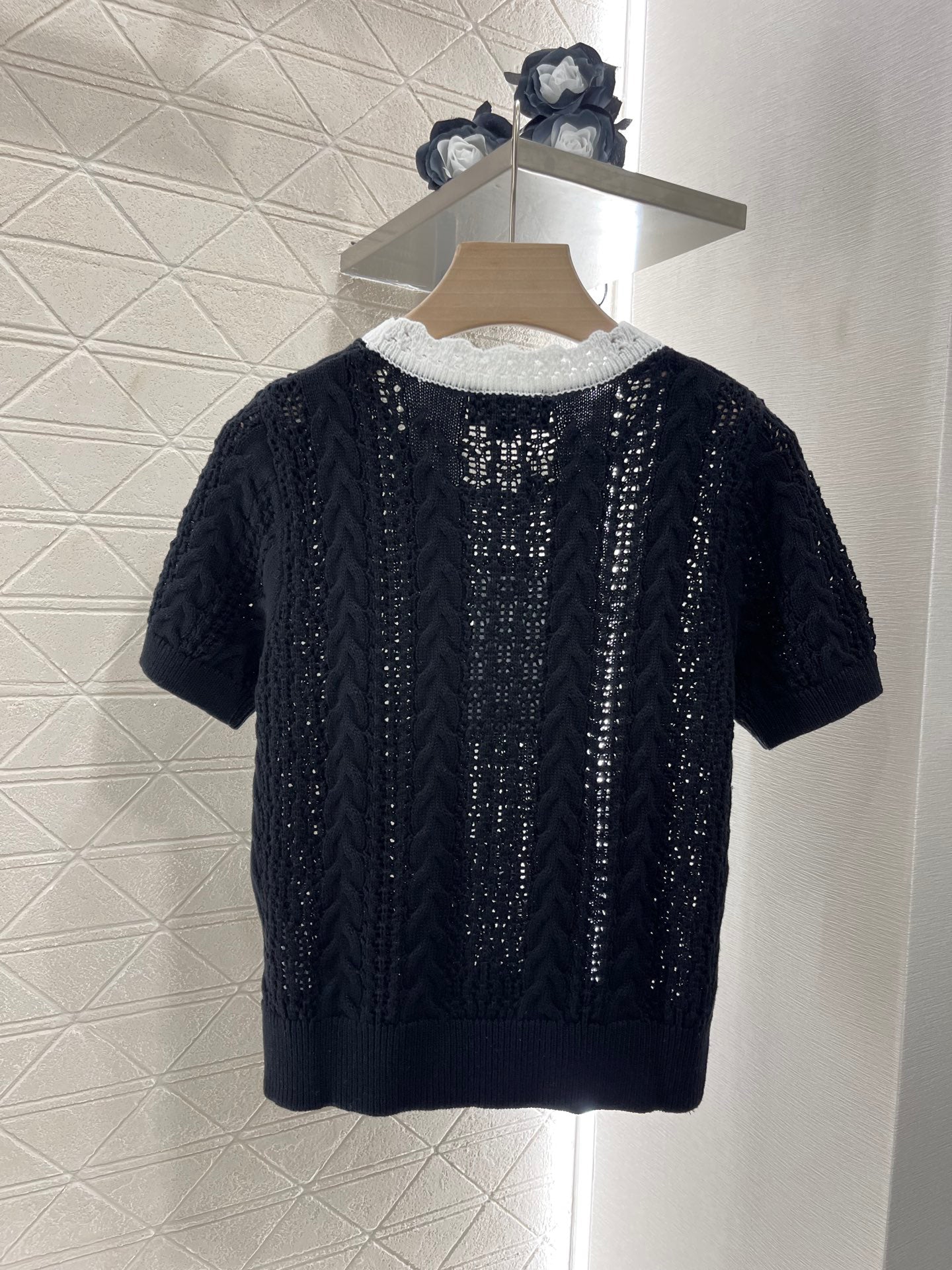 25SS Micro transparent contrasting knitted short sleeved shirt