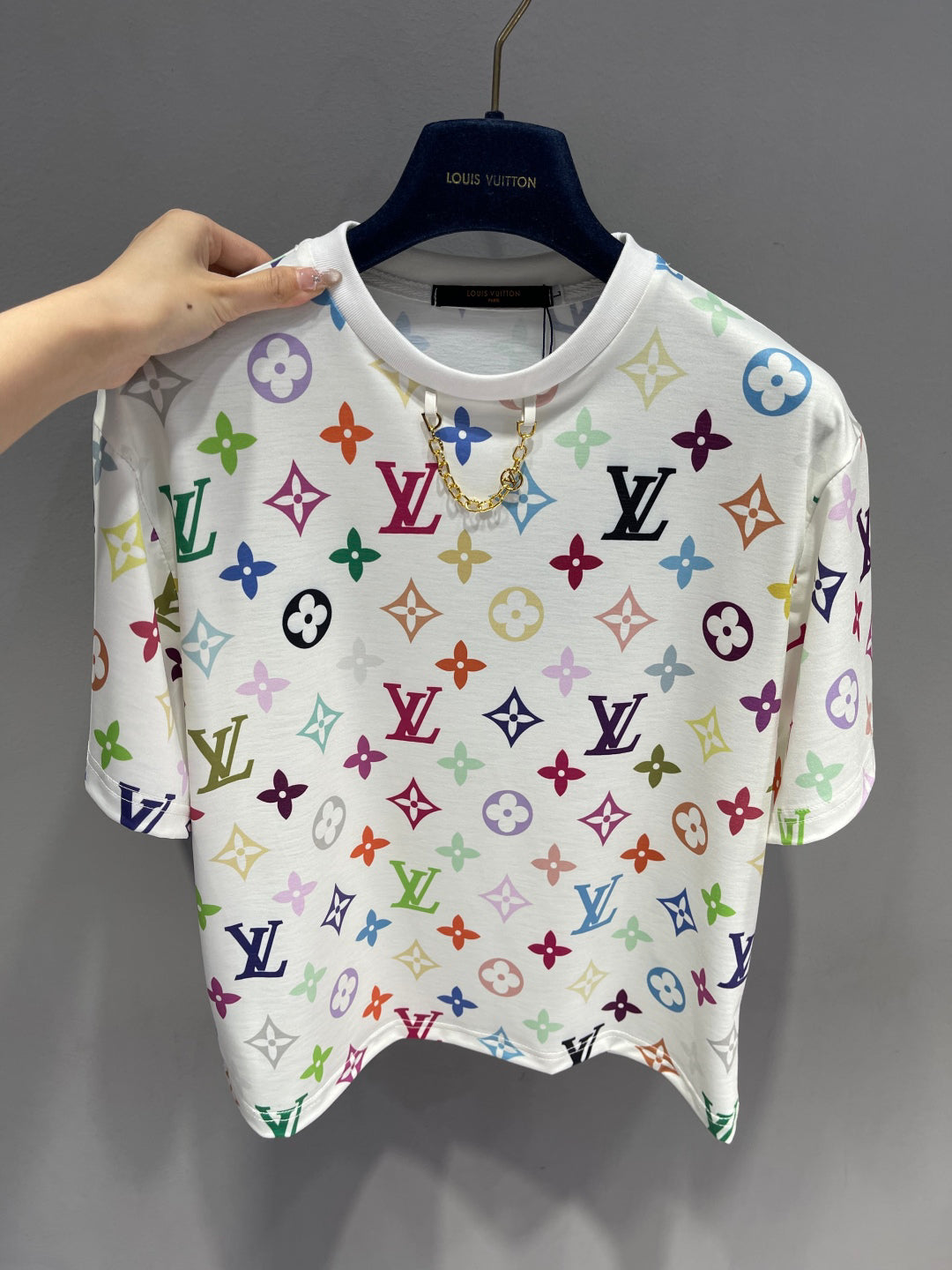 25 Colorful letter print chain round neck short sleeve T-shirt