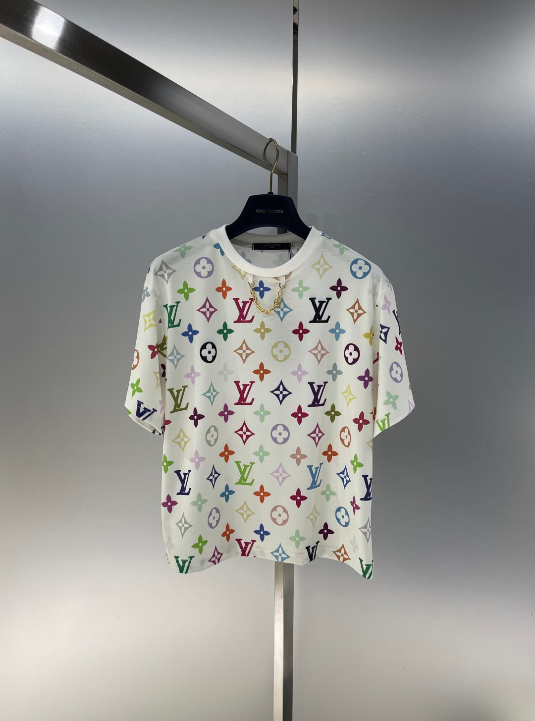 25 Colorful letter print chain round neck short sleeve T-shirt