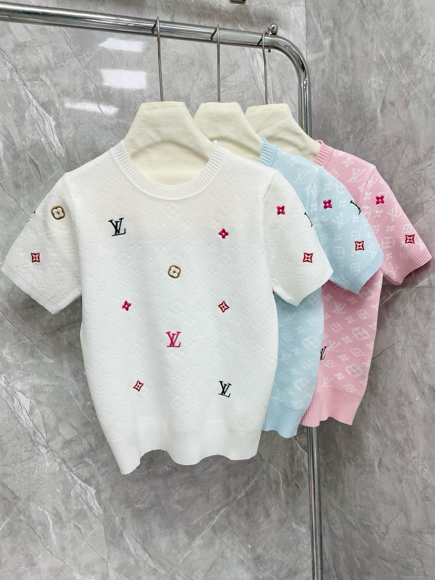 25 new letter old flower intarsia colorful embroidery embellished round neck short sleeves