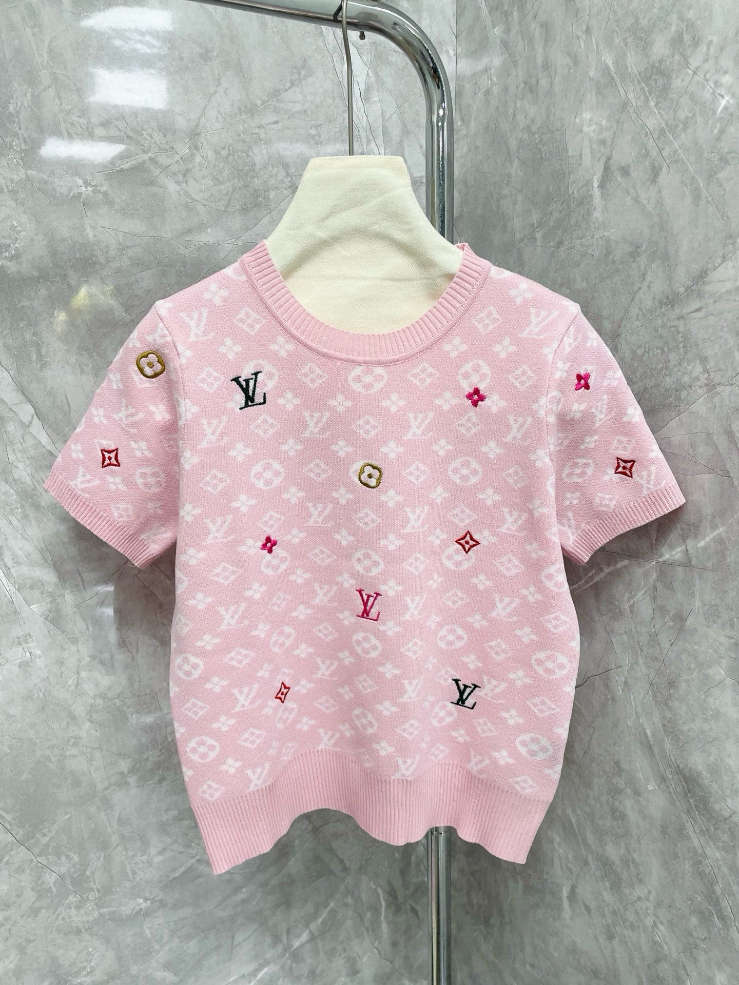 25 new letter old flower intarsia colorful embroidery embellished round neck short sleeves