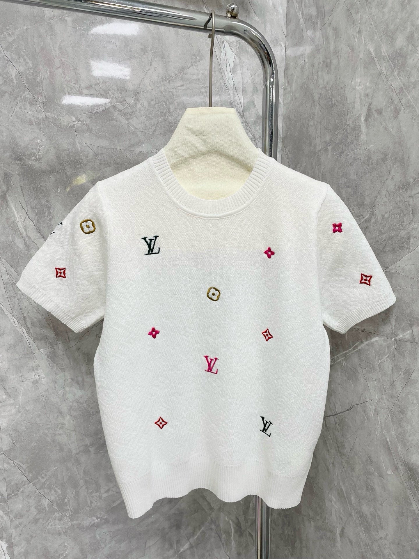 25 new letter old flower intarsia colorful embroidery embellished round neck short sleeves