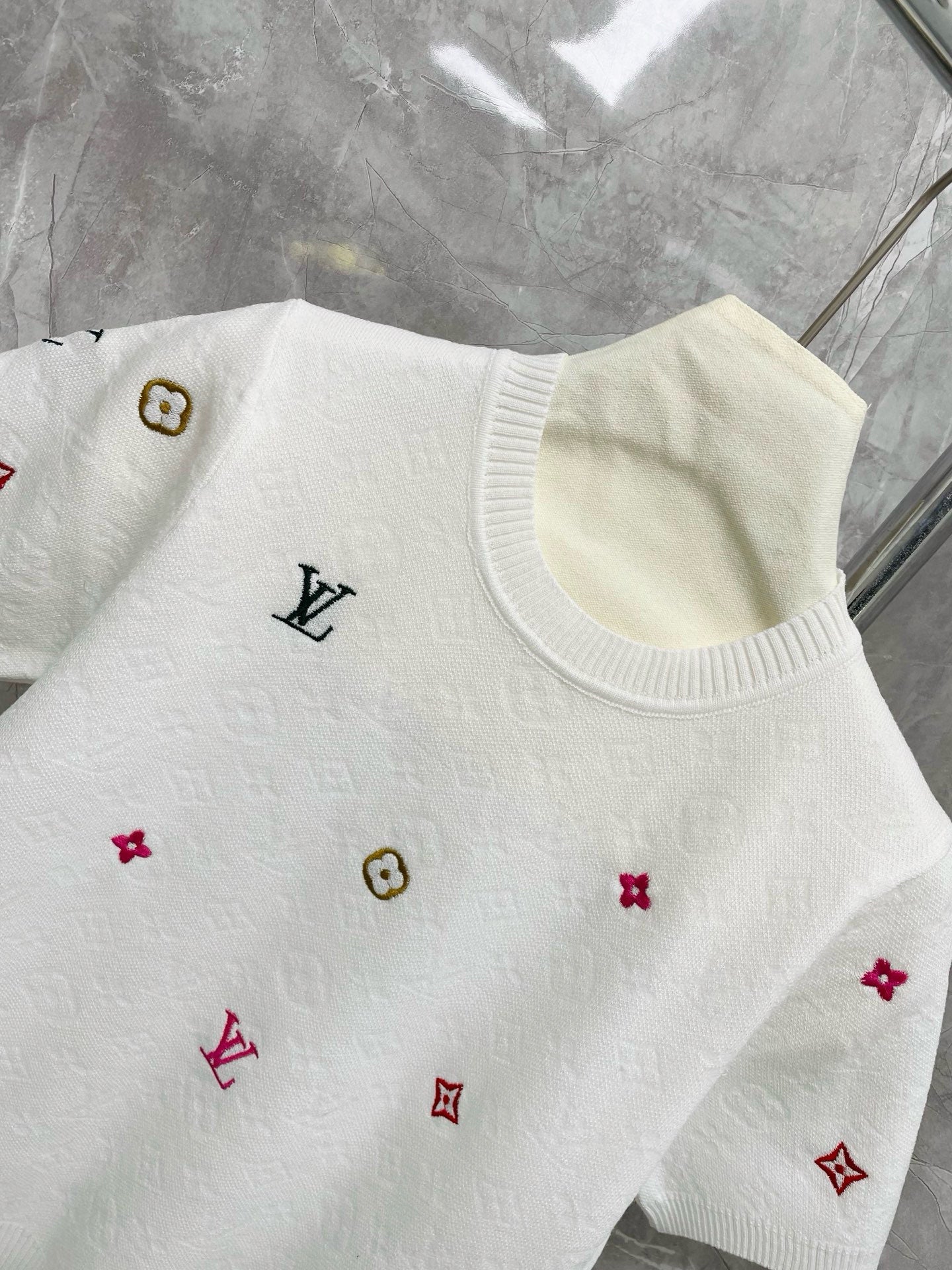 25 new letter old flower intarsia colorful embroidery embellished round neck short sleeves